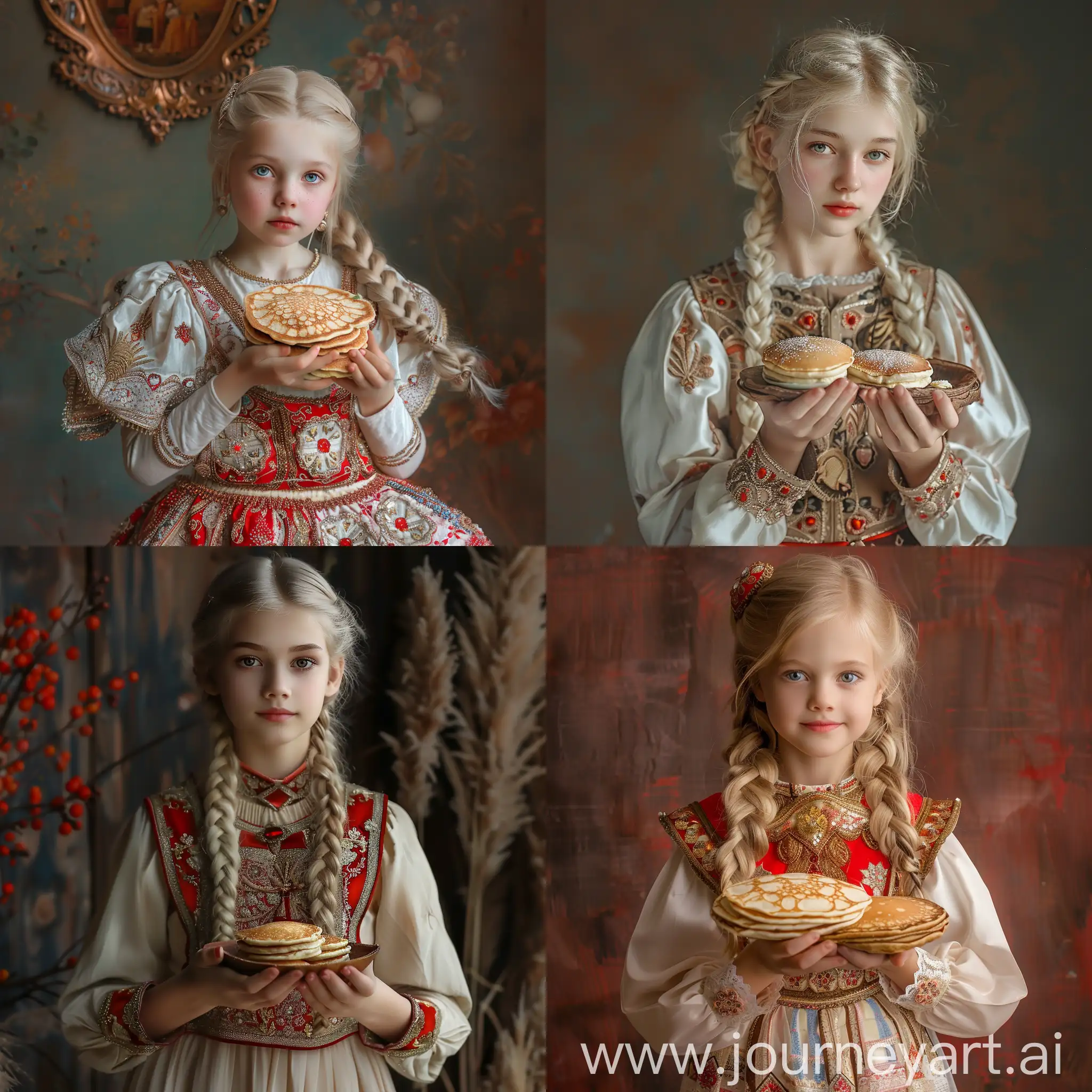 Pancake Day, a girl with blonde hair, in Russian dress, holding pancakes in her hands, realistic photo, high quality
