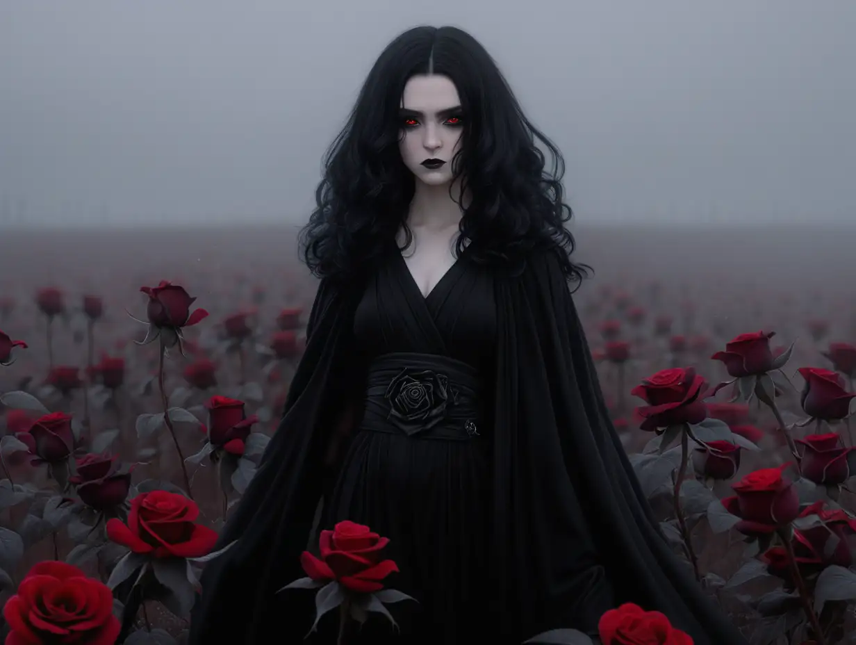 Black haired woman in black robes. goth, female, pale skin, long curly black hair, jedi, black makeup, streaking mascara, black jedi robes, black roses in her hair, saddened, standing in a foggy field of black roses, fantasy, Anime. Red eyes. 