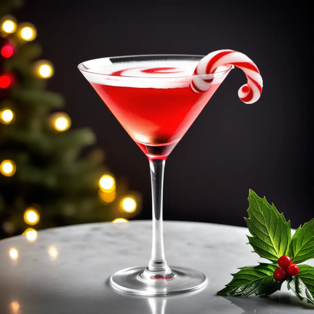 Christmas cocktail on table top with peppermint garnish in a martini glass
