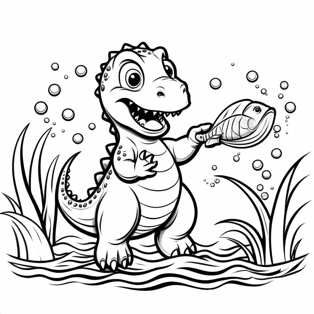 funny baby water dinosaur catch fish without background, Coloring Page, black and white, line art, white background, Simplicity, Ample White Space. The background of the coloring page is plain white to make it easy for young children to color within the lines. The outlines of all the subjects are easy to distinguish, making it simple for kids to color without too much difficulty