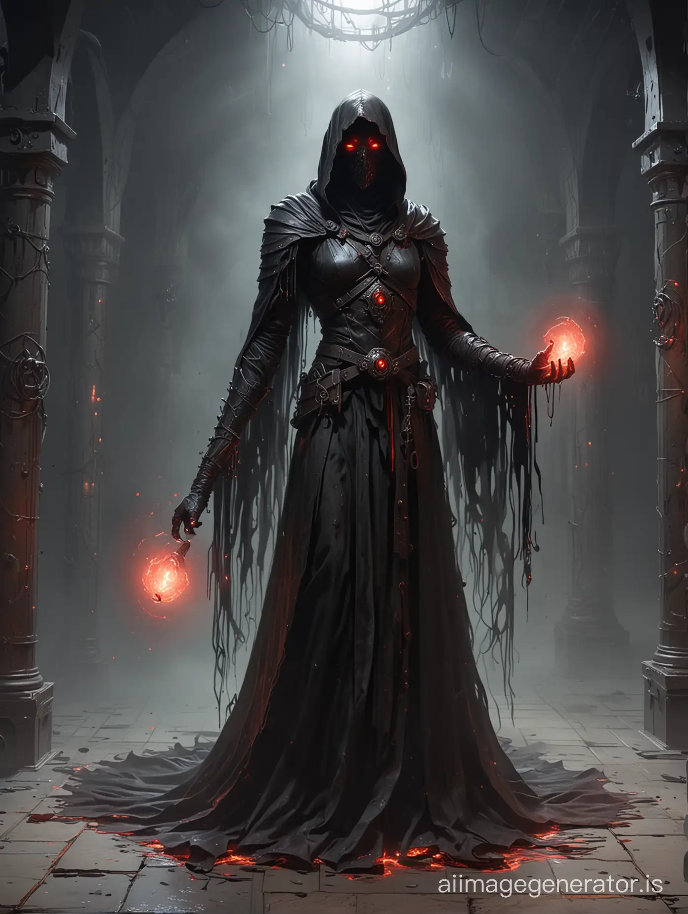 DnD shadowy transparent wraith wizard with red glowing eyes, floating above the floor in a large room. iron bound chest. Underground dungeon themed