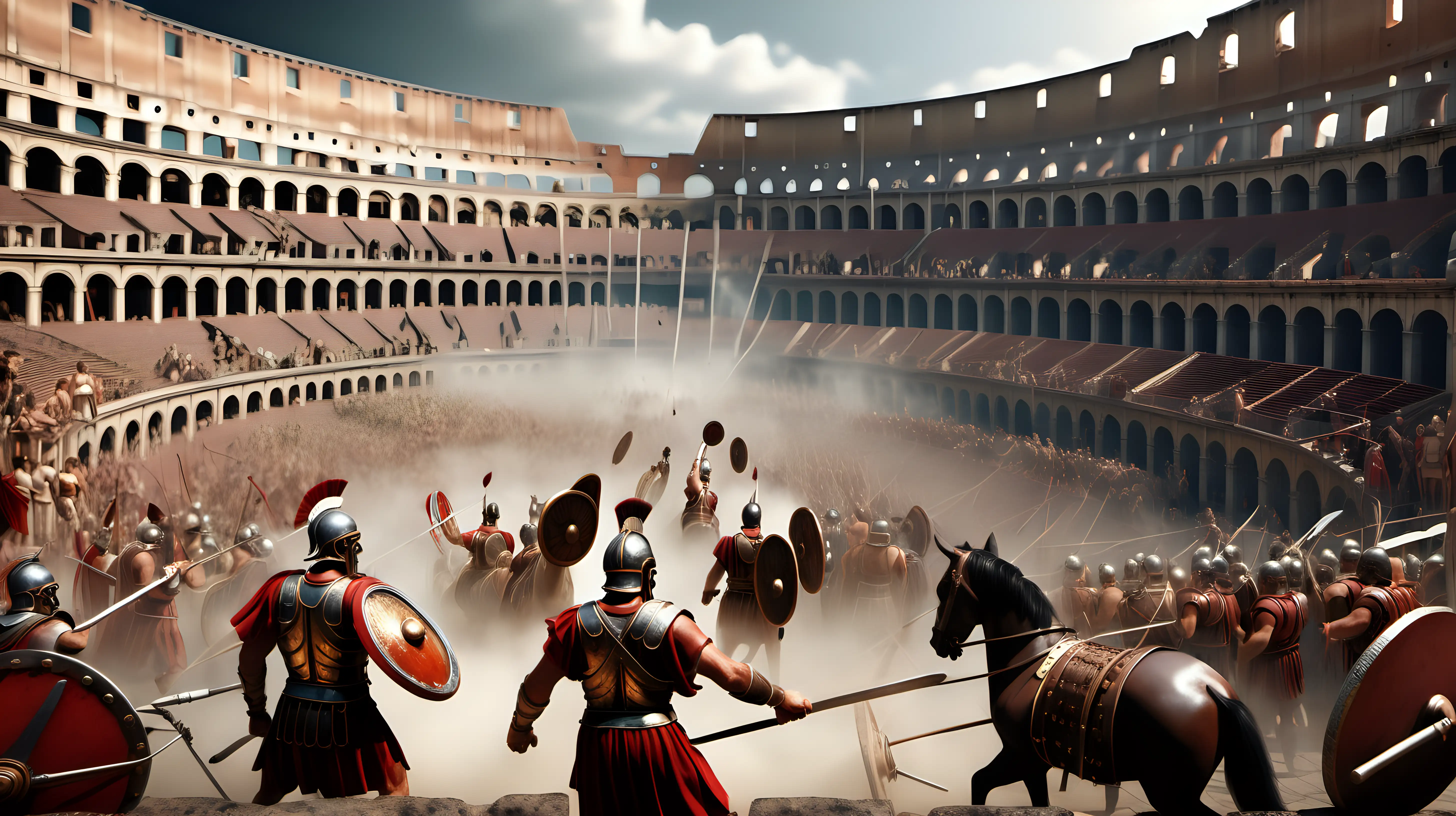  Battle scene in ancient roman colosseum. Detailed scene, Roman gladiators and legionnaires, war machines (horse-drawn chariots