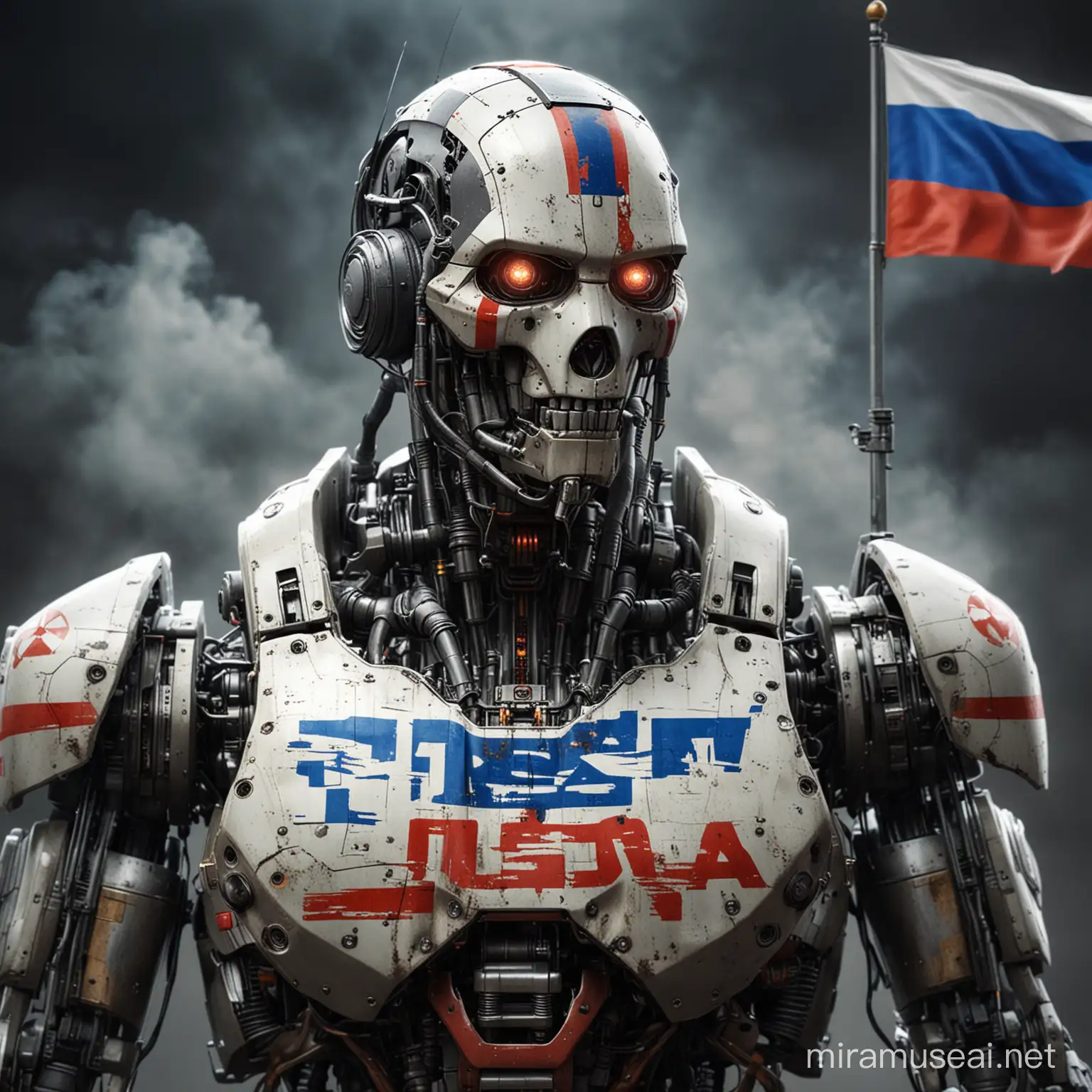  Russia as a robot,make it serious,dangerous and like russian,great atmosphere,realistic,with big rockets and add russian flag to robot