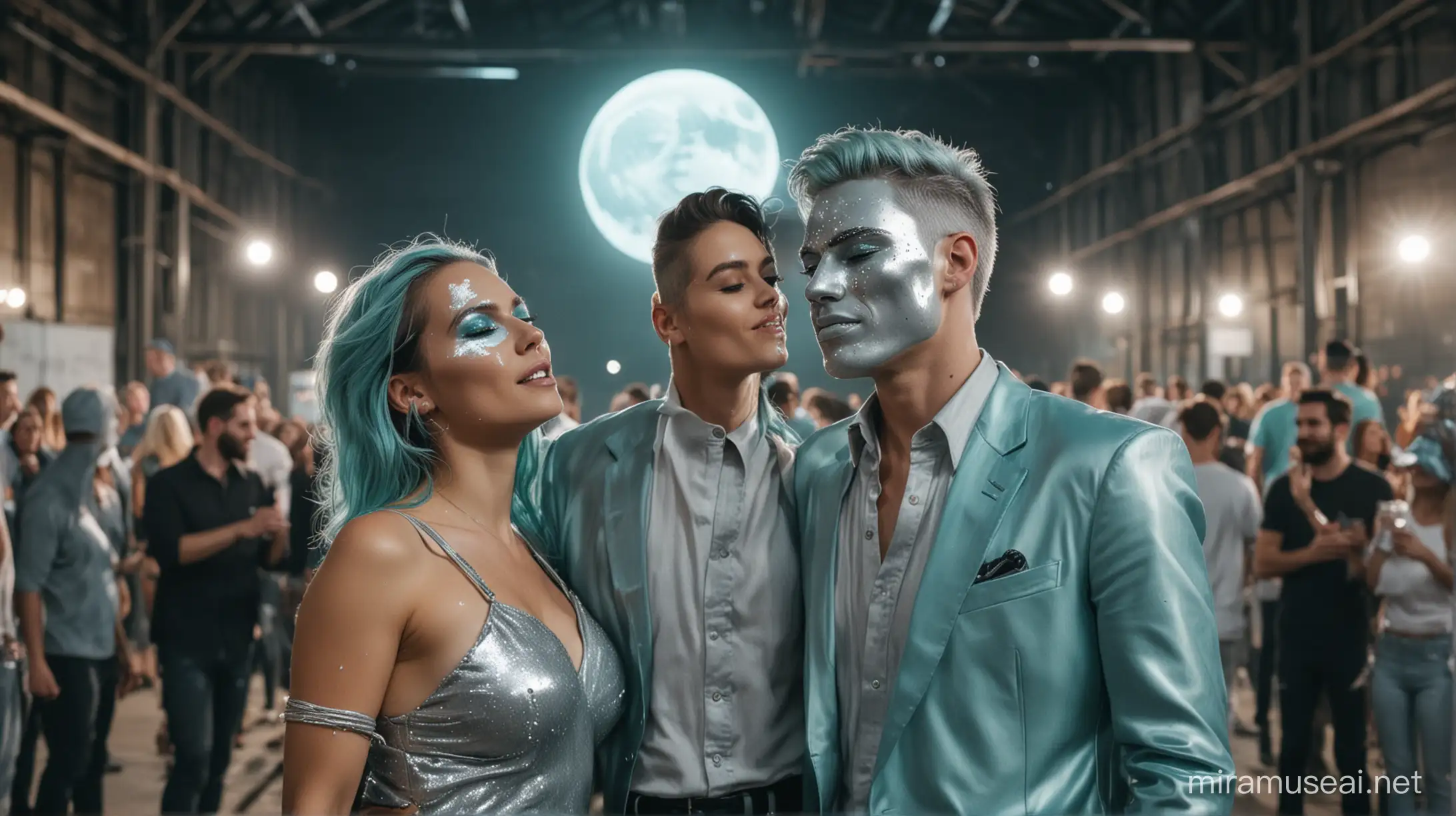 faces of a man and a woman standing together, with silver facial paint and silver look clothes, in an industrial warehouse at the night hosting a party with a crowd of diverse gen-z people dancing under one giant moon, illuminating in a turquoise color, and hanging under the ceilling