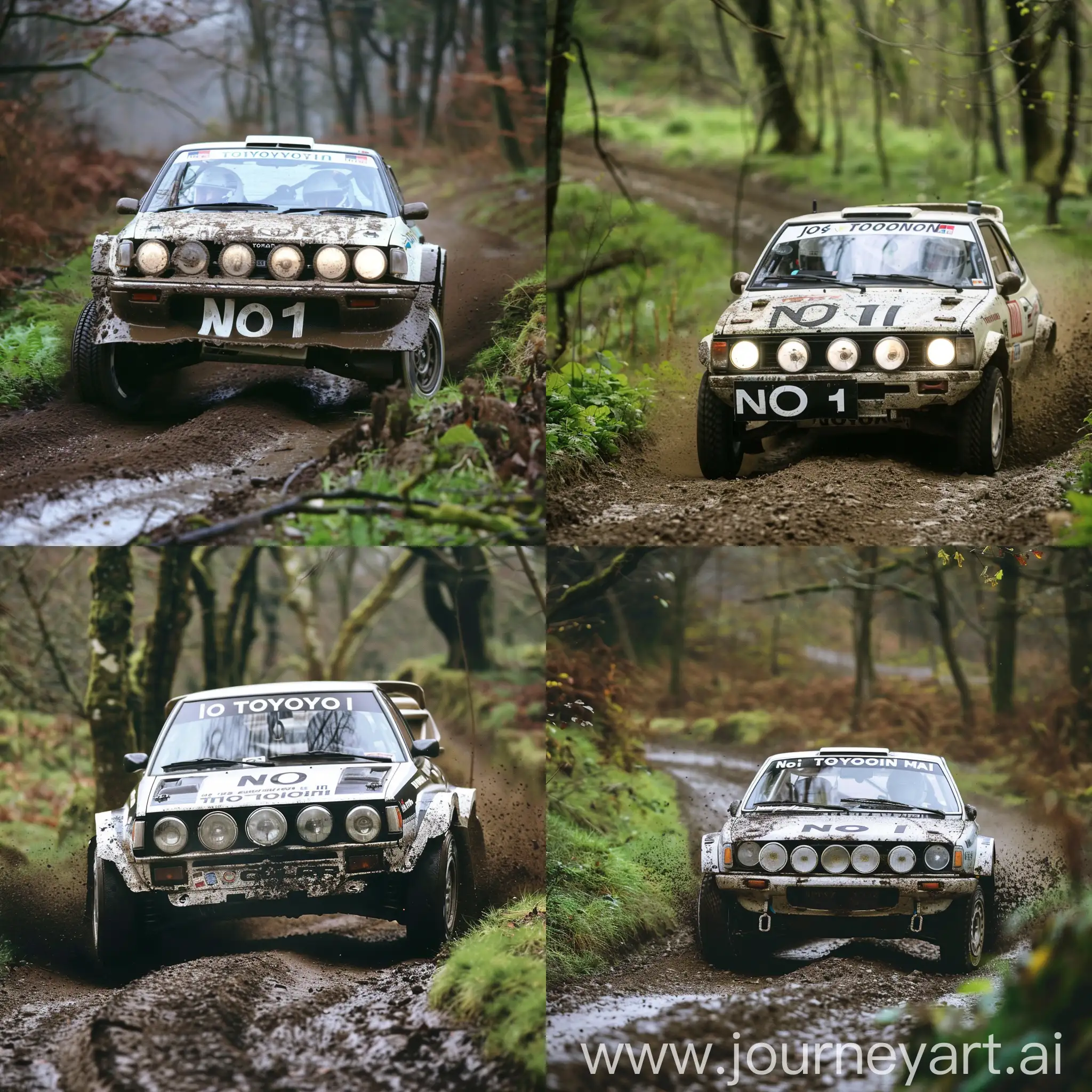 A Toyota rally car is driving on a dirt trail in the woods. The car is covered in mud and dust. The front of the car has five lights in a row. The windshield is large and clear. The car has a Toyota logo on the front and the word \"No1\" on the side. The wheels are black and round with white rims. The dirt trail is surrounded by green grass and trees As photographed by Josselin Cornillon-Maillard in a winter mud forest background --v 6 --style raw --s 100