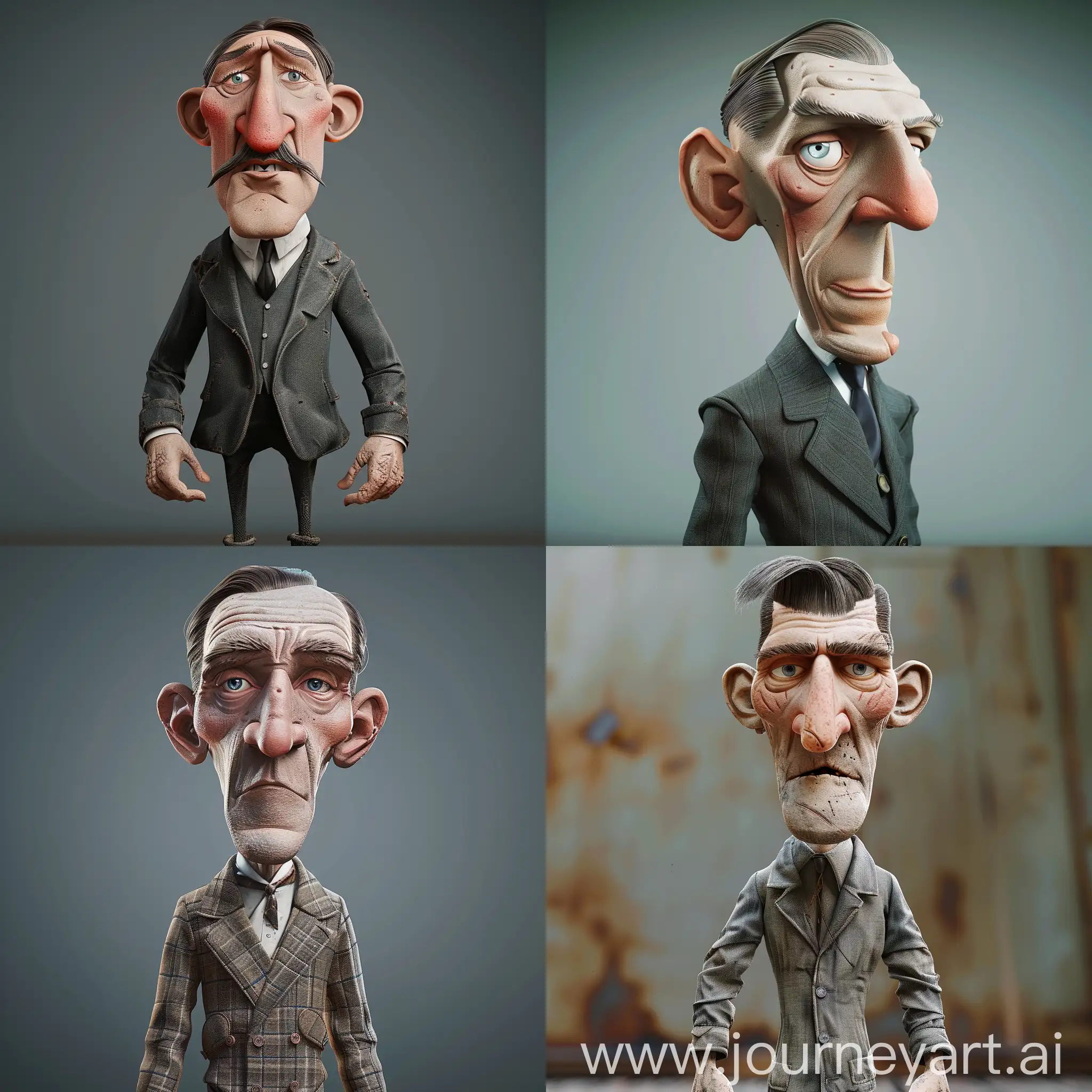 3d cartoon character of a 40 years old (british) man from early 1900, face portrait, caricature style, working class, medium height, short slick back hairstyle, grizzle, slightly flattened nose, thick upper lip thin pleasing stubbly face, square face edges, big hand, thin arms, square shoulders, sloopy used textile suit, safecracker, cheerful, prison-experienced, traveler, bum, pub fighter, 3d cartoon character, unreal engine, octane render, polycount, physically based rendering, cartoon texture, 4k, 8k, hdr, high definition, high quality, soft natural lighting, dramatic lighting, cinematic lighting, Mad Magazine, caricature style, grotesque, tone mapped, cinematic colors