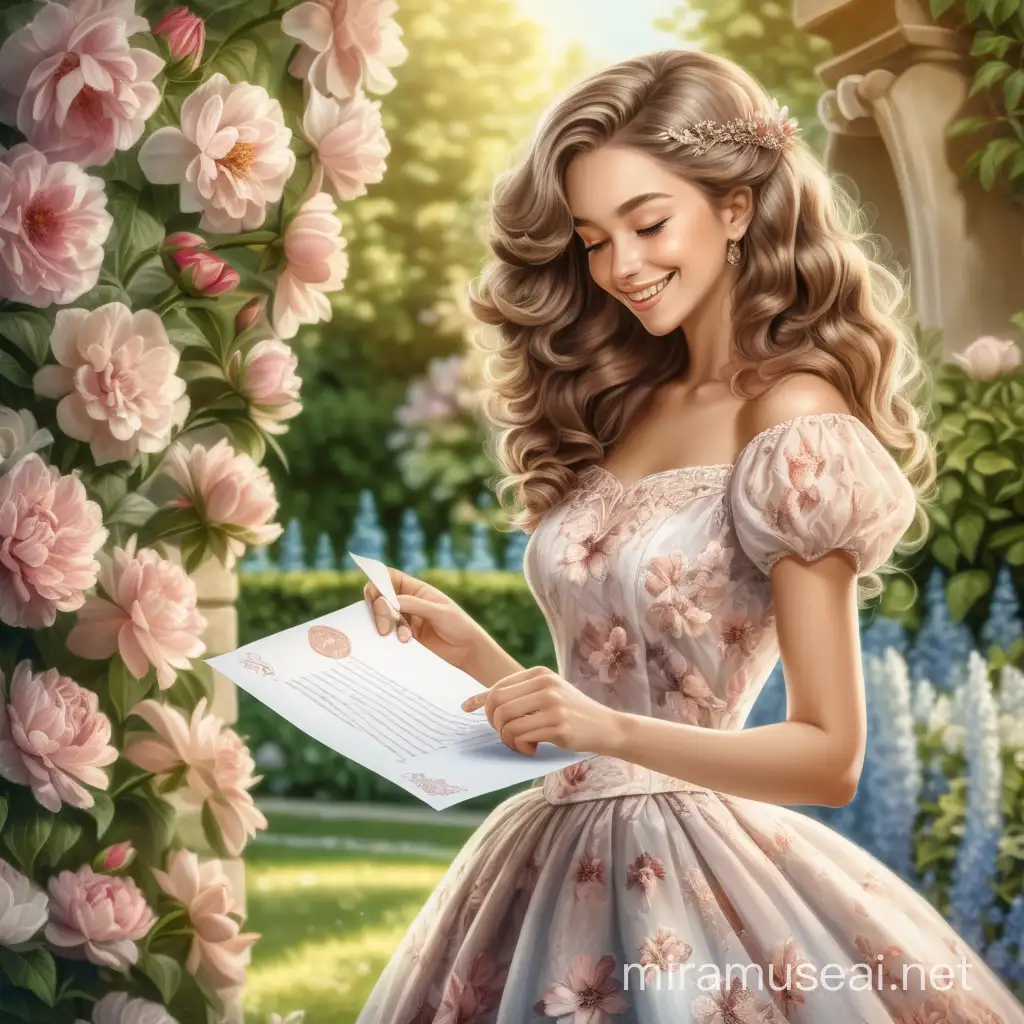 Красивая женщина в красивом платье с роскошными волосами читает письмо на фоне цветущего сада. Она улыбается и счастлива.