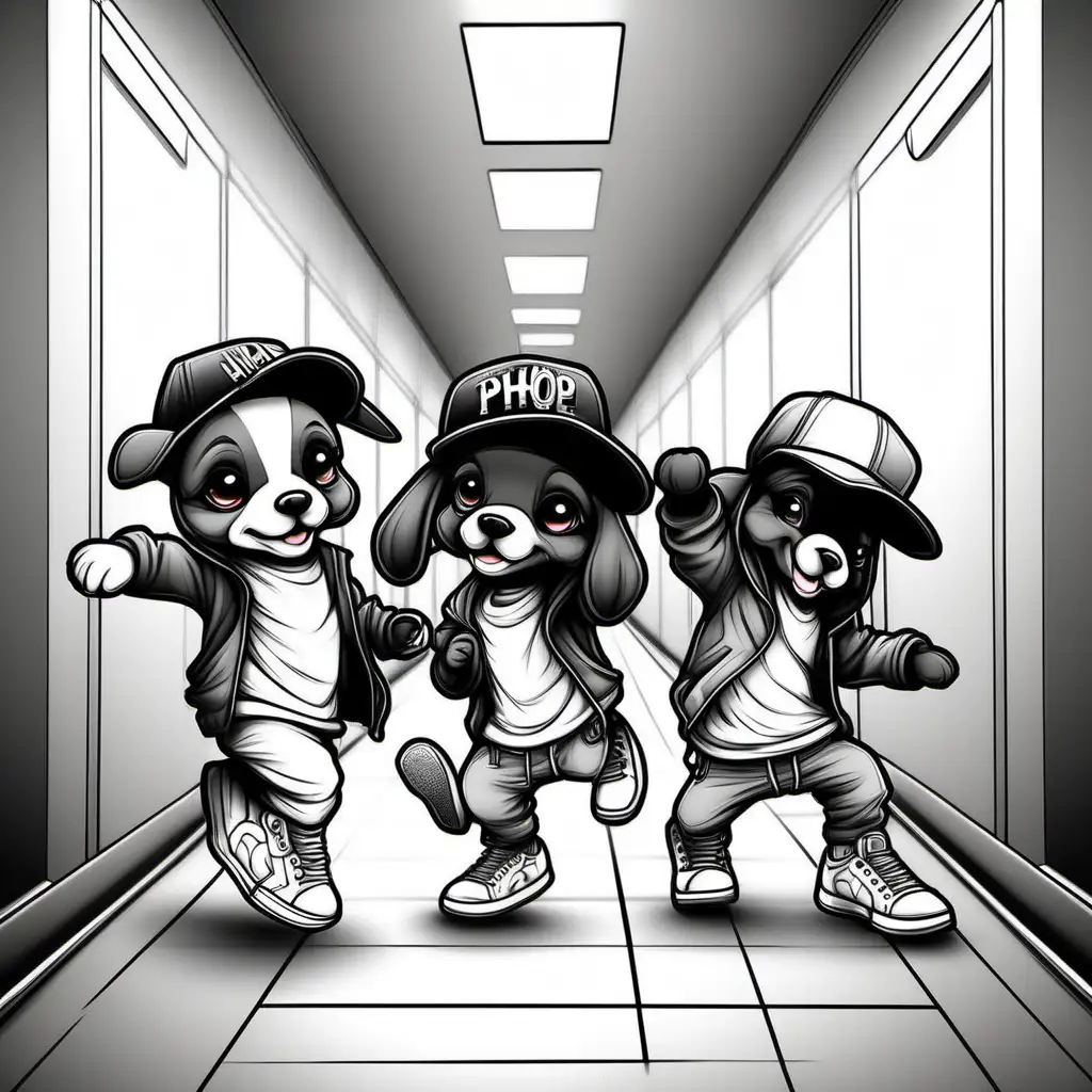 Cute Hip Hop puppies with hats and sneakers dancing in the hallway, dark lines no shading, coloring pages 