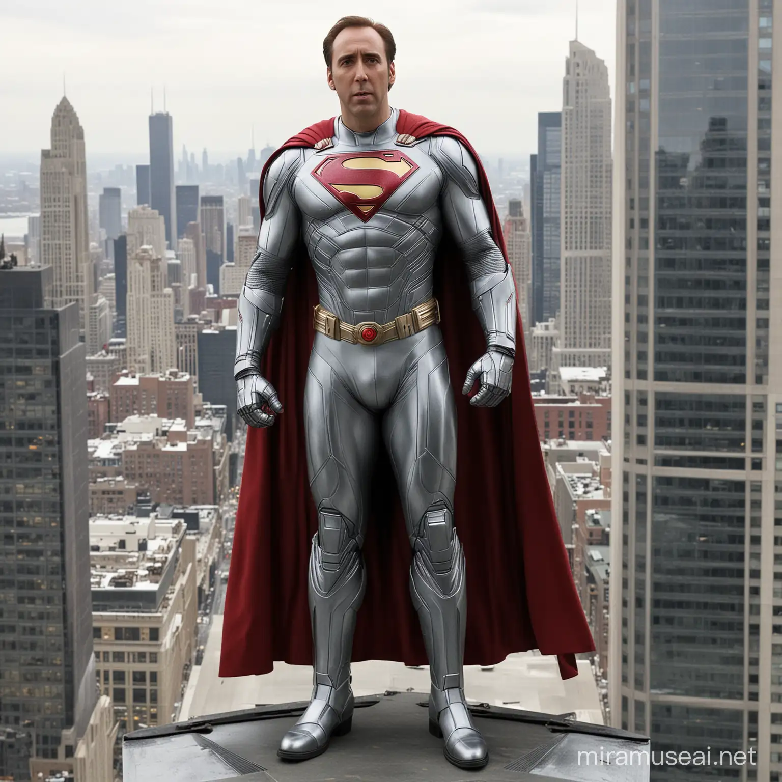 Nicolas Cage with a bald head as Lex Luthor wearing Lex Luthor's armored Superman suit, standing on top of a building with the Daily Planet building in the background, show his whole body, head to toe view, Armored Superman suit, standing in an ultra modern penthouse office with floor to ceiling windows, Chicago in the background, bald headed, no hair, robotic Superman armor, mechanical Superman armor, Silver suit with red accents, shaved head, the logo should be illuminated, extra armor on his feet, bright sunny day, square toed boots, floor length cape, silver boots, gloves should cover his fingers 