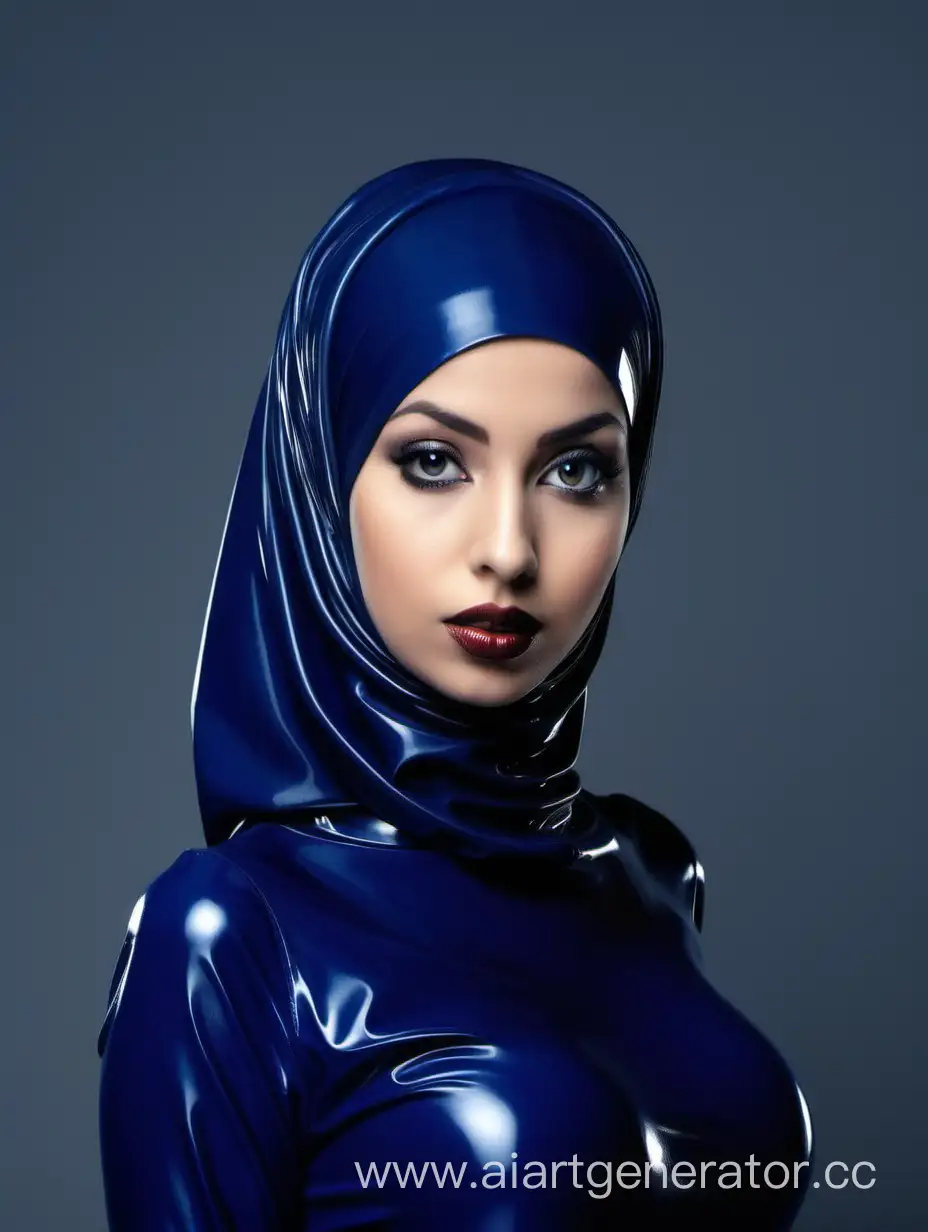 Латексный хиджаб темно-синего цвета, девушка европеидной расы, смотрит прямо в экран