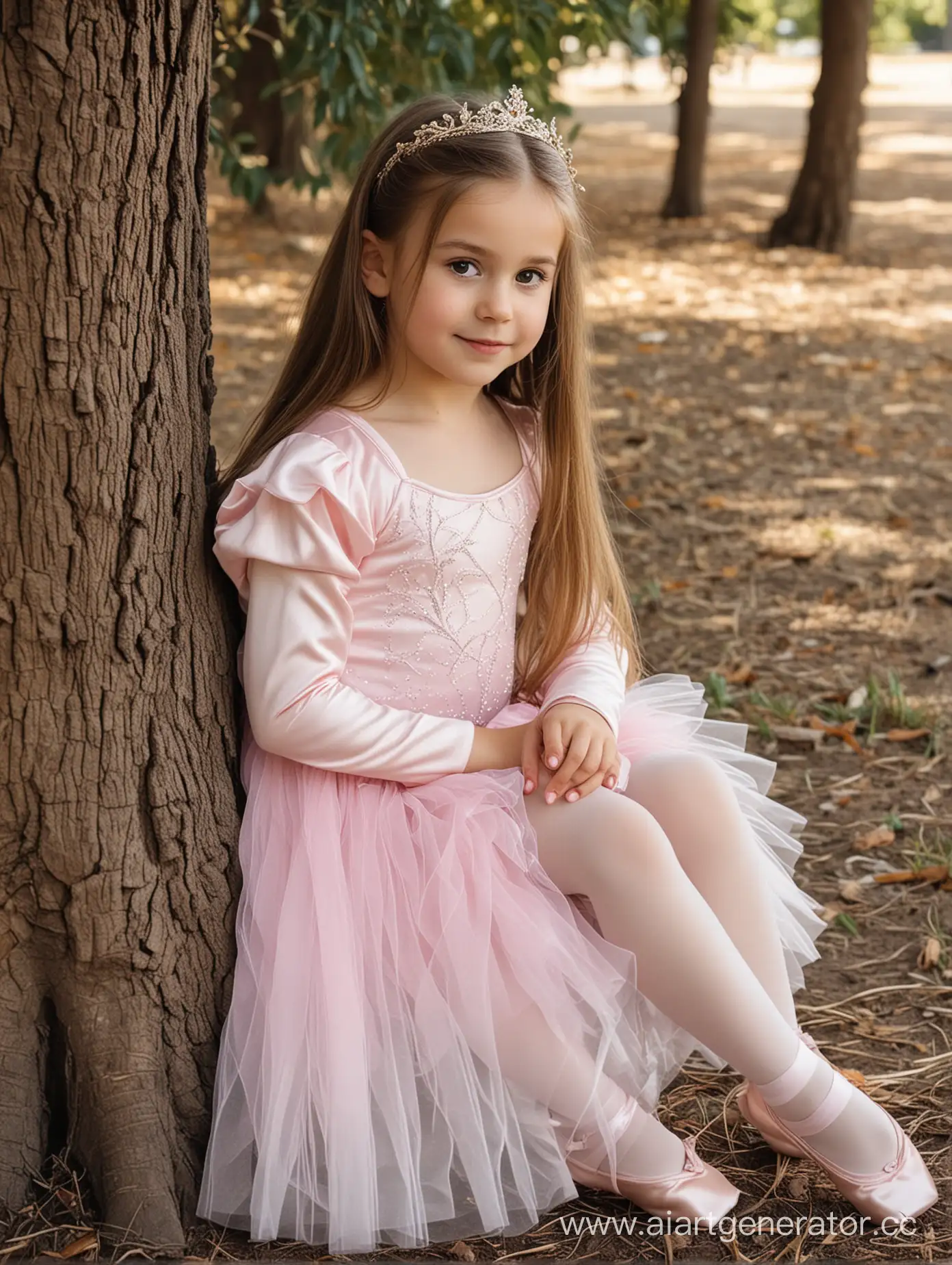 Little girl with long hair wearing a ballet outfit sitting next to a tree