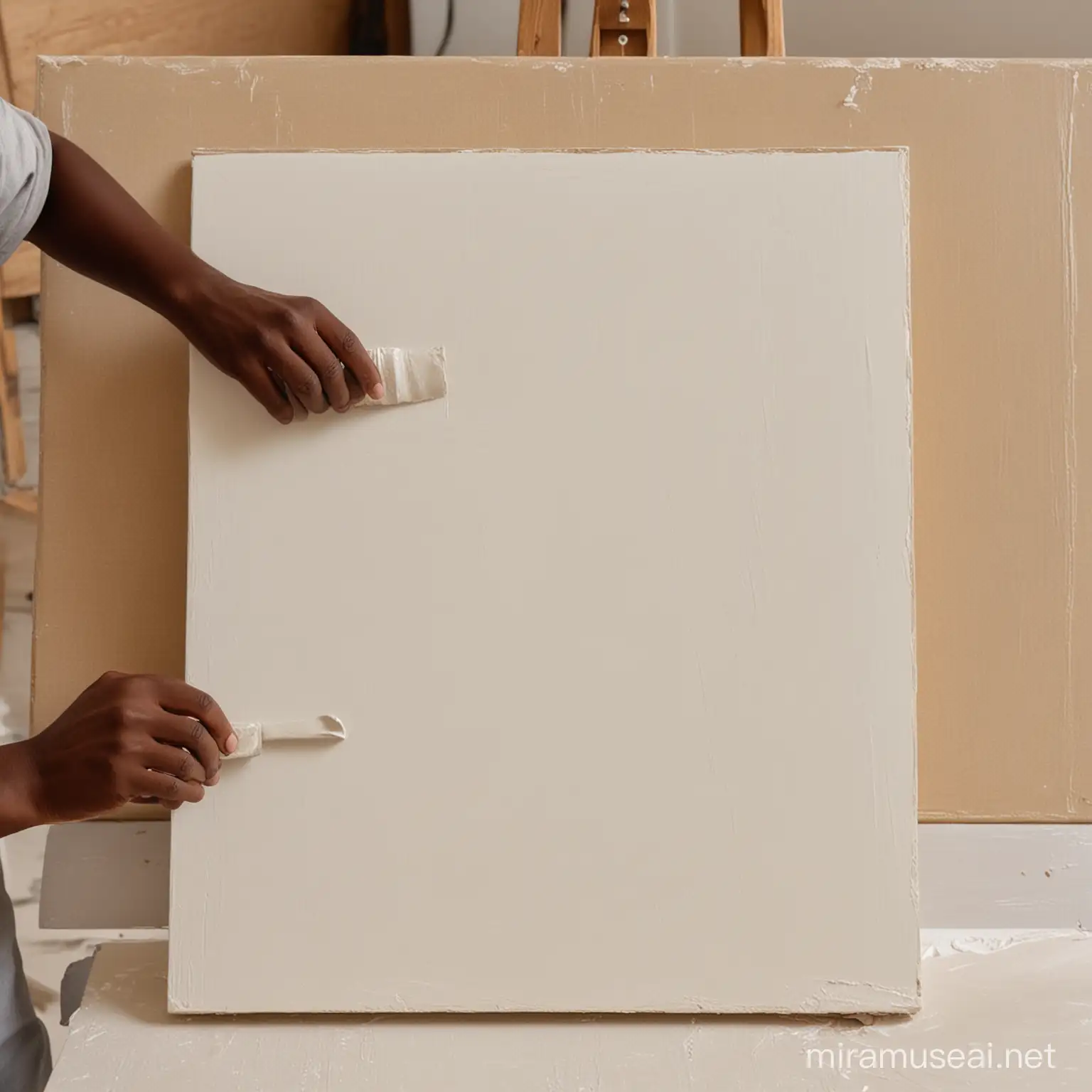 A canvas being primed with gesso by a black person