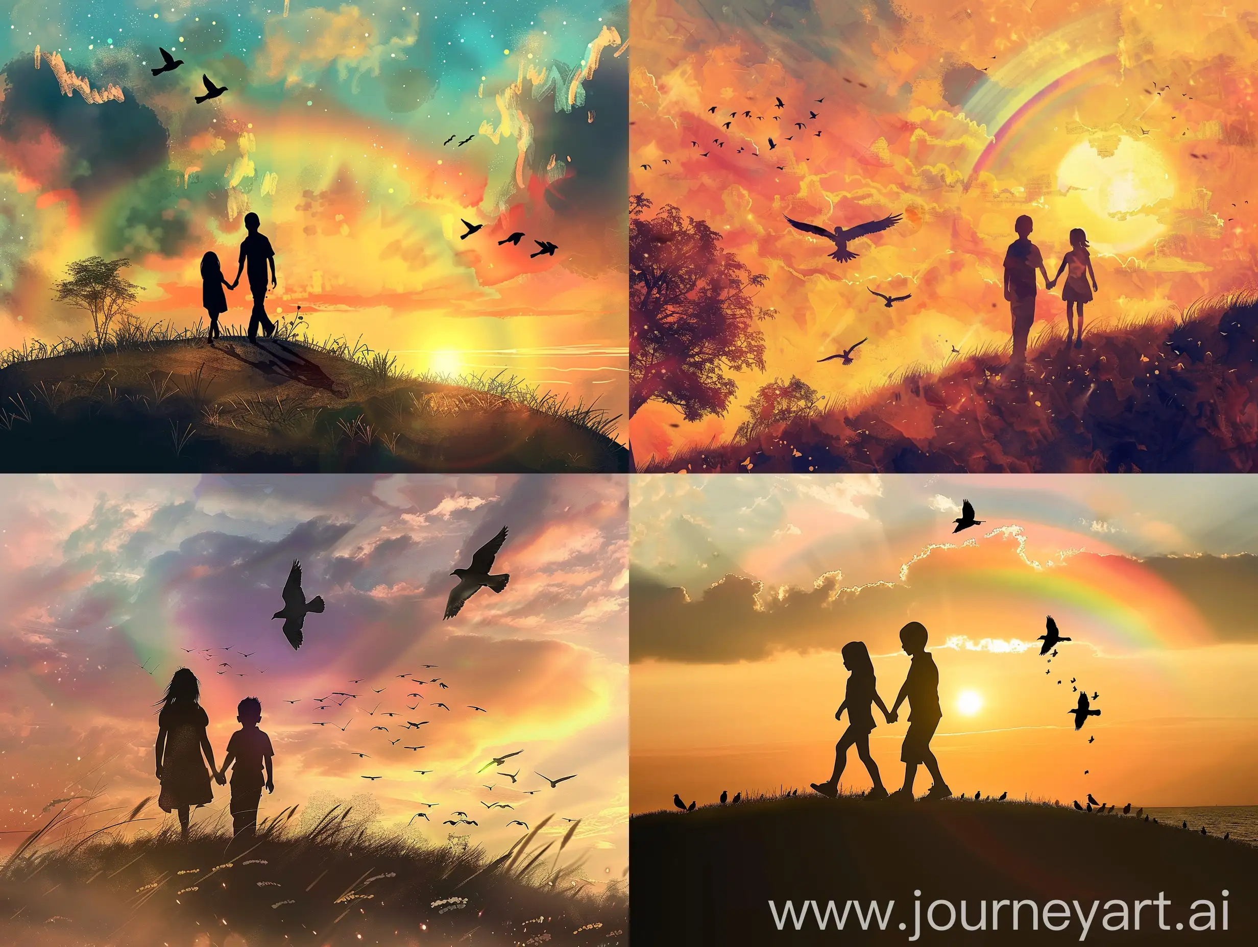 "In the midst of a picturesque season, as the sun bids farewell in a breathtaking sunset, hues of a rainbow adorn the sky. Atop a hill, a boy and a girl stroll hand in hand, trailed by birds soaring overhead, casting playful shadows below."