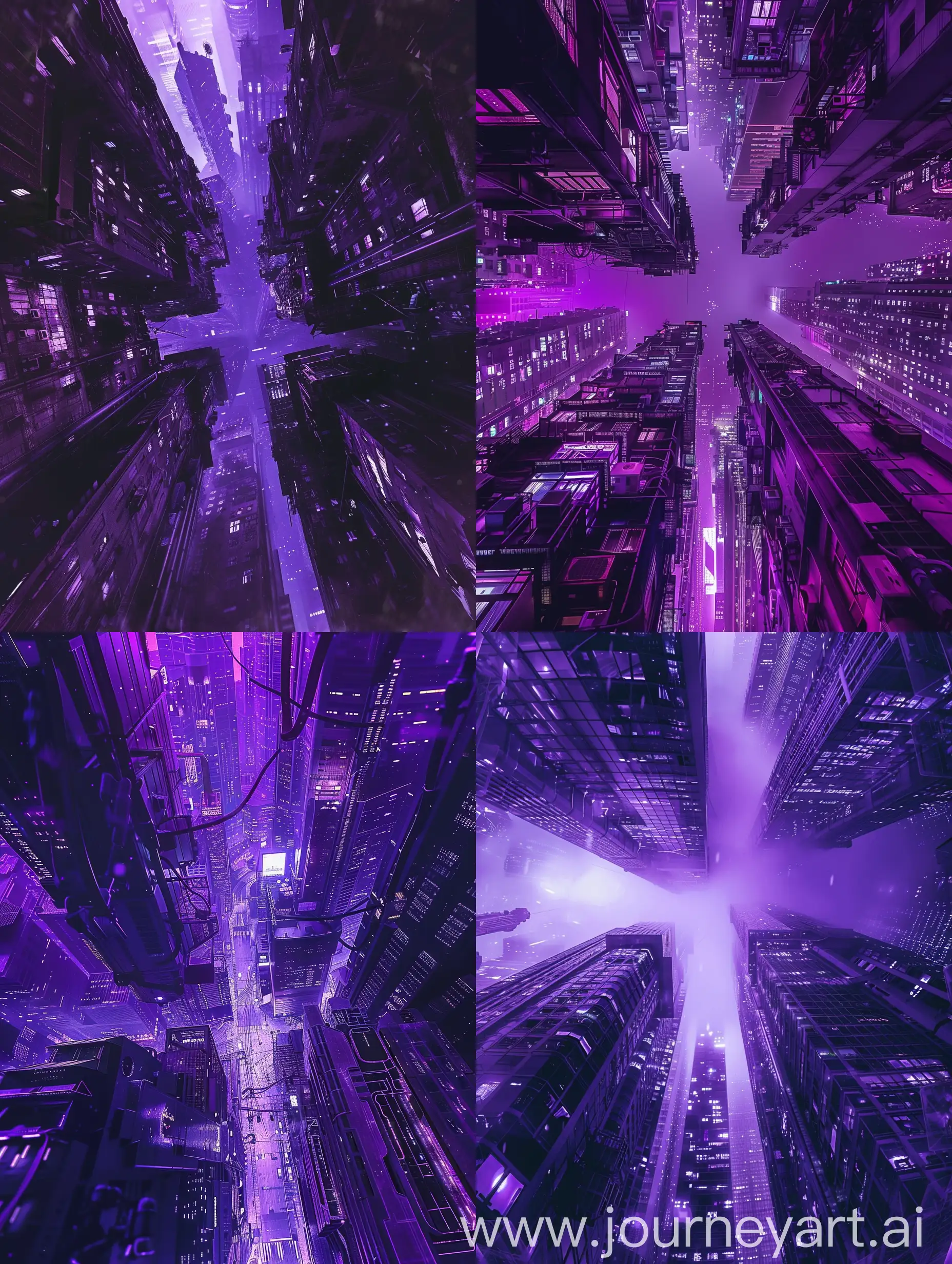 Ночной киберпанк город в фиолетовых цветах со взглядом снизу