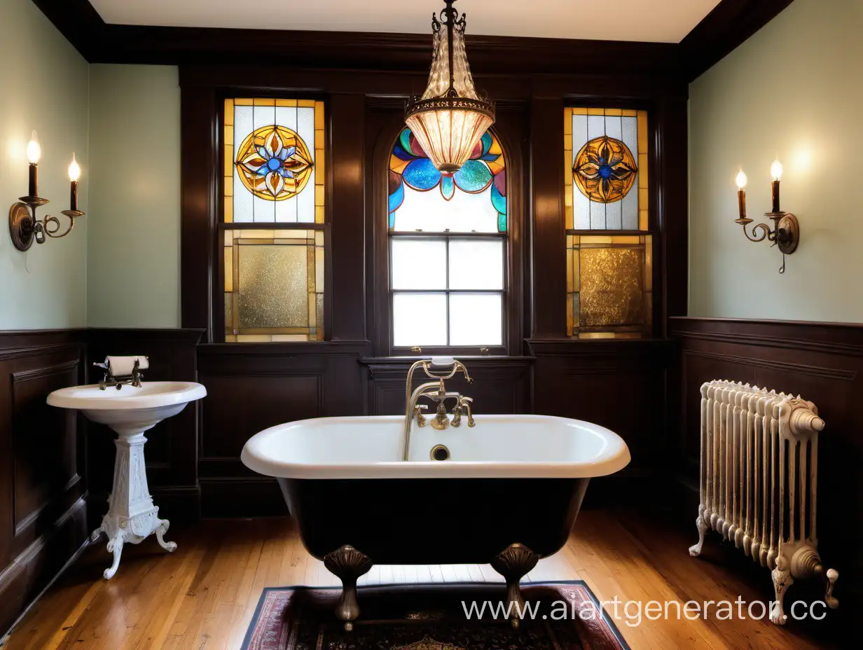 a photo depicting all the following elements - a clawfoot tub, an antique stained glass window, a historic fireplace mantel, a historic door, an antique chandelier, an antique pedestal sink, a radiator