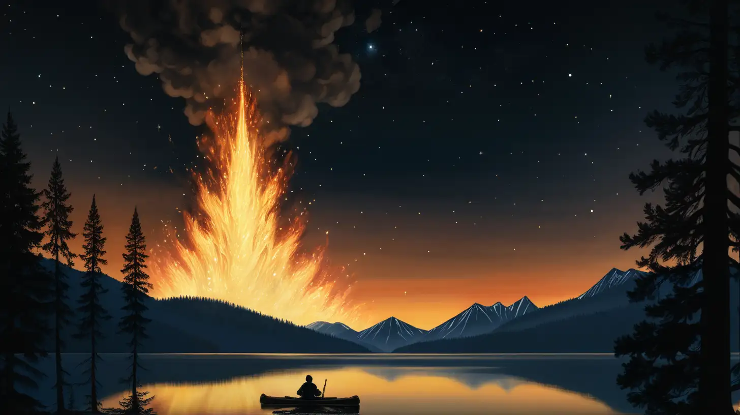 nuit noire, le chiffre un, lumineux dans le ciel,  entouré d'une couronne de feu, en fond des grands arbres, une grande montagne et un lac