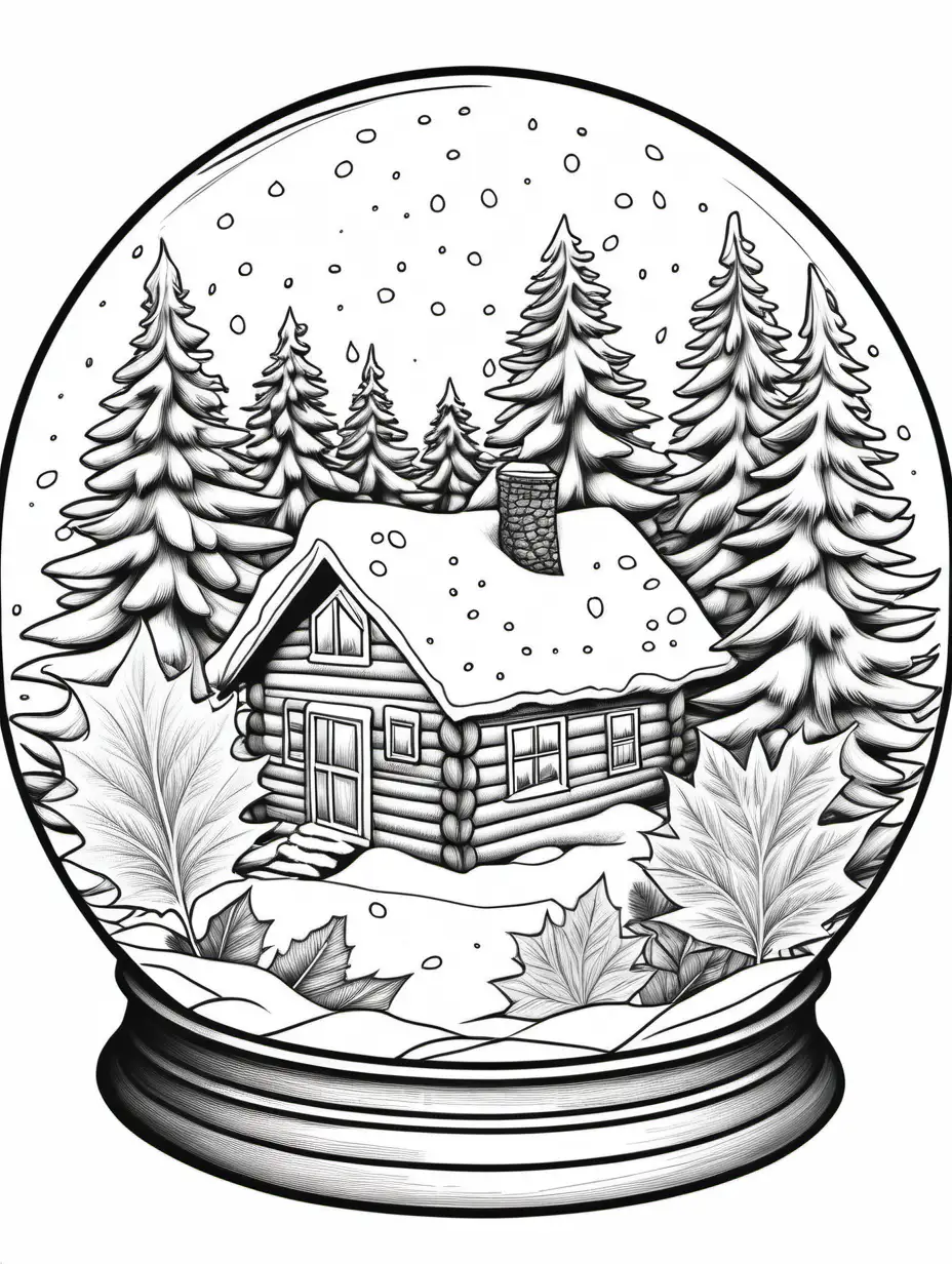 winter cabin coloring book, snow globe framed, detailed individual leaves, black and white, no shading, no background, thick black outline