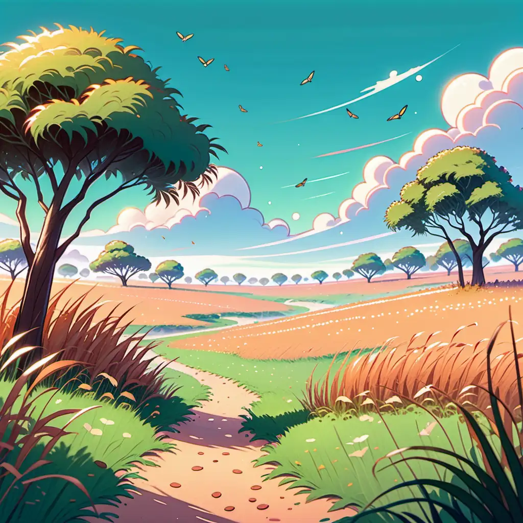 Illustration, Kawaii style, Illustration einer weiten Savannenlandschaft mit hohen Gräsern und vereinzelten Bäumen
