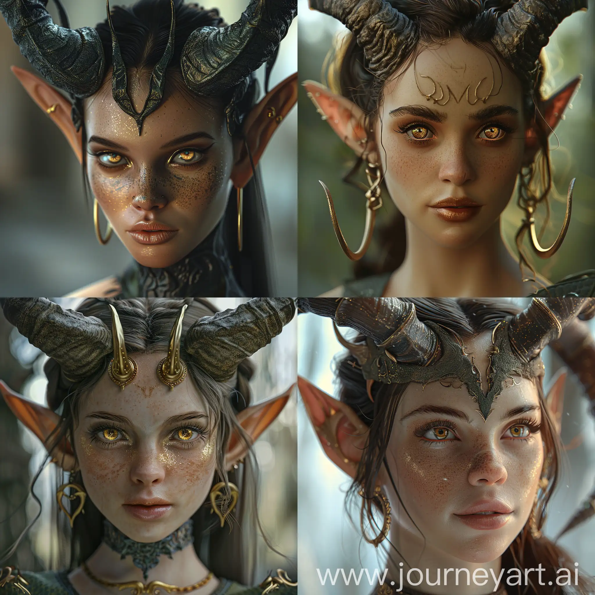  a close up of a woman with horns on her head, hyperdetailed fantasy character, she has elf ears and gold eyes, 4 k detail fantasy, realistic fantasy render, detailed fantasy digital art, hyperrealistic fantasy art, 4k highly detailed digital art, portrait of very beautiful elf, fantasy art behance, digital fantasy art ), detailed fantasy art, elegant cinematic fantasy art