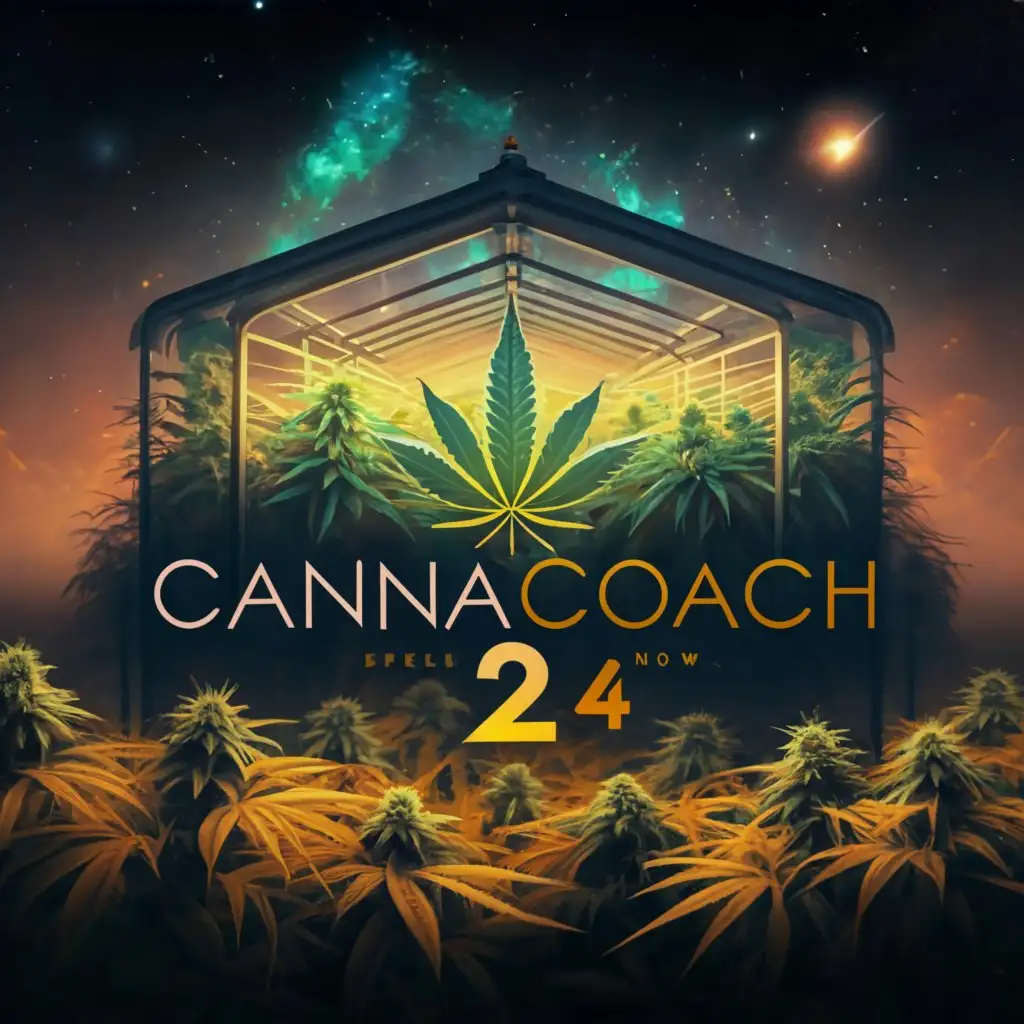 a logo design, with the text 'Canna Coach 24', main symbol: a field of cannabis plants with greenhouse in the night with the milky way in the sky. Make it more complex. Keep everything exactly the same but spell 'Canna Coach 24' correctly. Make the sky darker and the milky way brighter. It's perfect, just add the missing 4, with a clear background