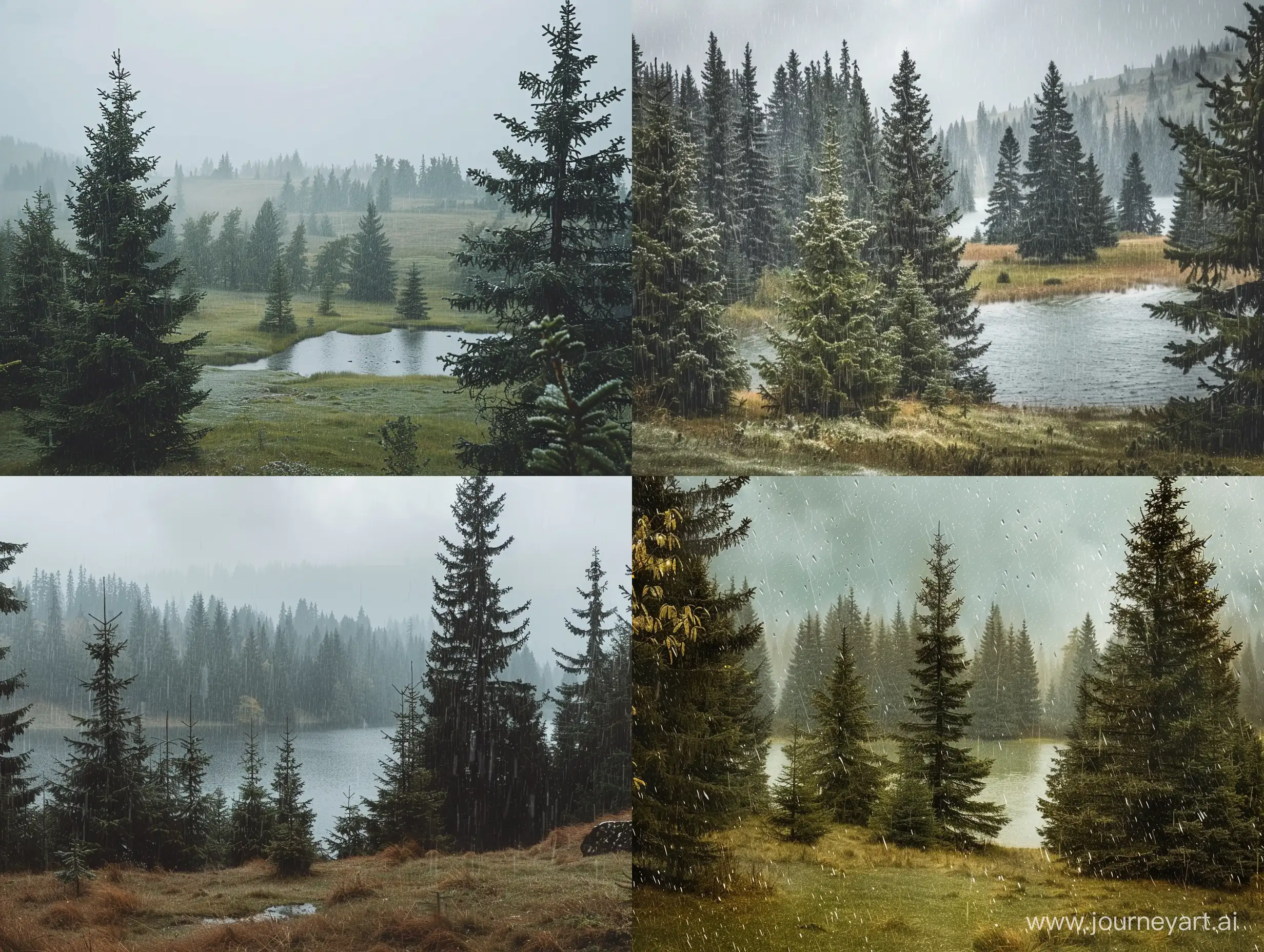 Majestic-Cinematic-Rainy-Countryside-with-Fir-and-Pine-Trees-by-a-Tranquil-Body-of-Water