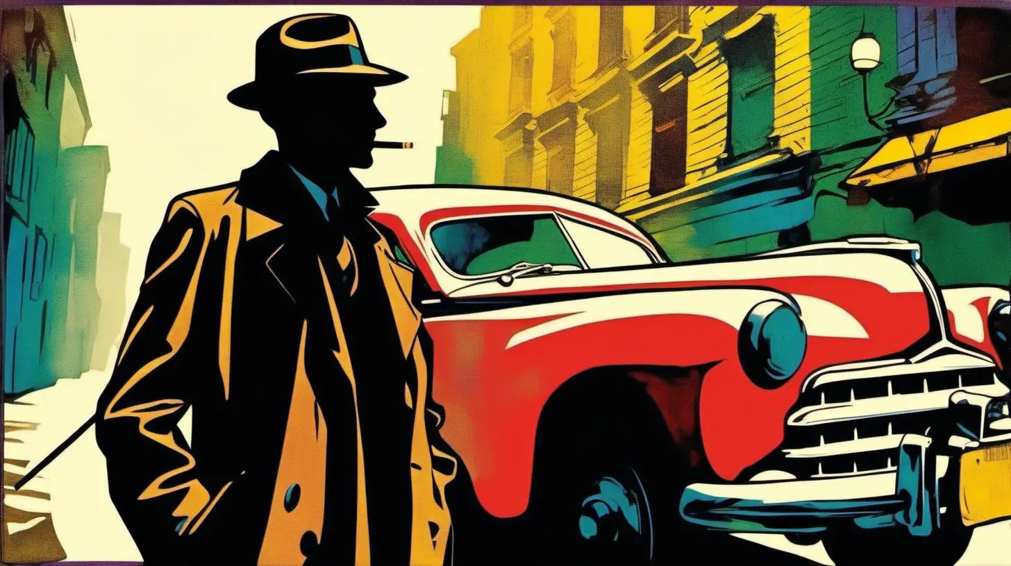 Image of the silhouette of a private detective in the street, cigarette in his mouth, leaning against the side of a car, circa 1945, facing the camera, bright colors, Neo-Expressionism Art style.