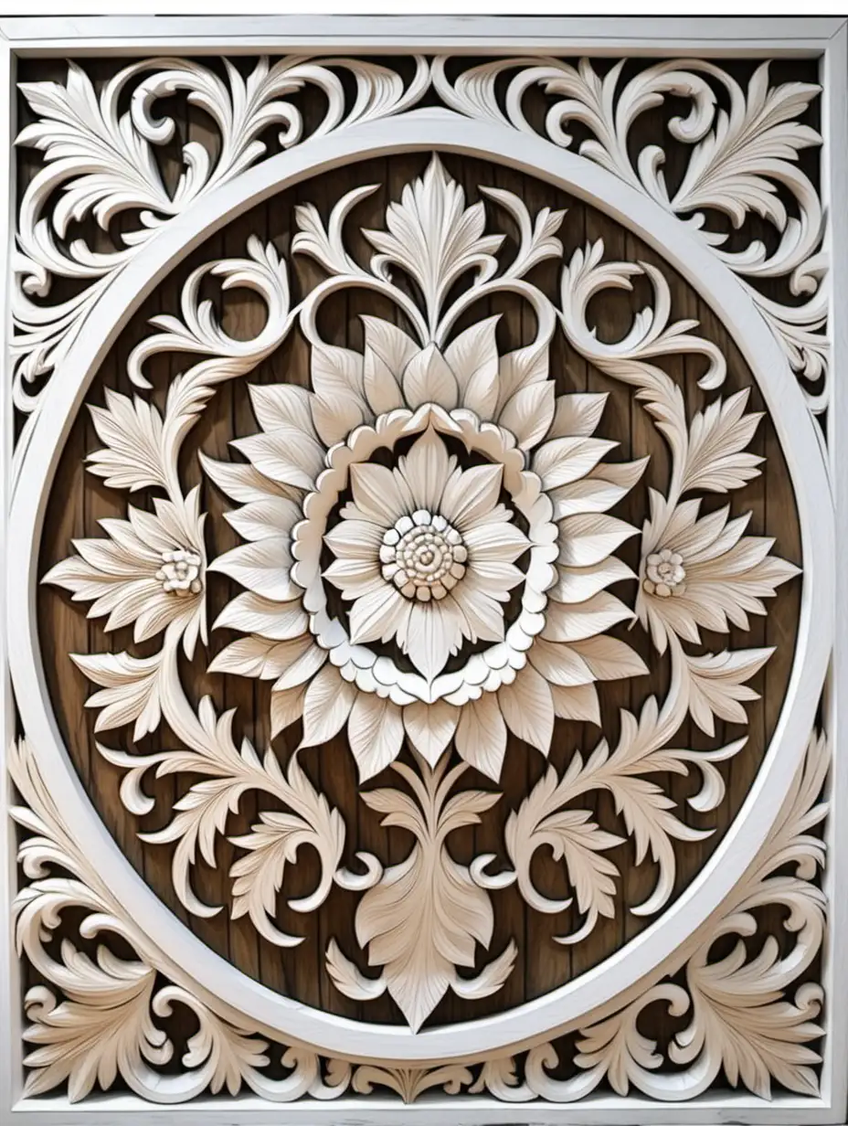 Elegant White Floral Wooden Carved Panel with Light Brown Border