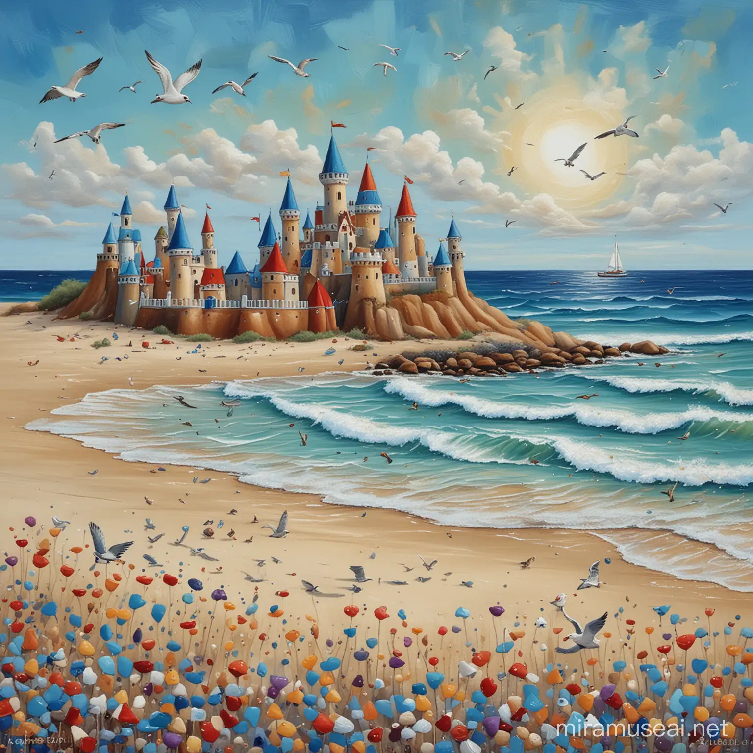 Small colorful castles in the sand of a beach with a blue sea, small colorful beings playing in the sand, seagulls flying in the blue sky. abstract folk art Karla Gerard