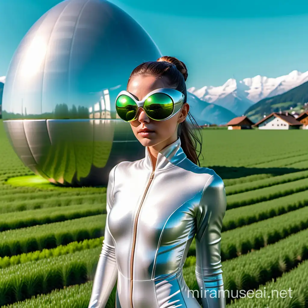An alien princess wearing silver futuristic glasses and a fitted white jumpsuit. She has brown pulled-back hair. She has engulfing features. She is getting out of a silver egg-shaped ship in a green field in Switzerland.
