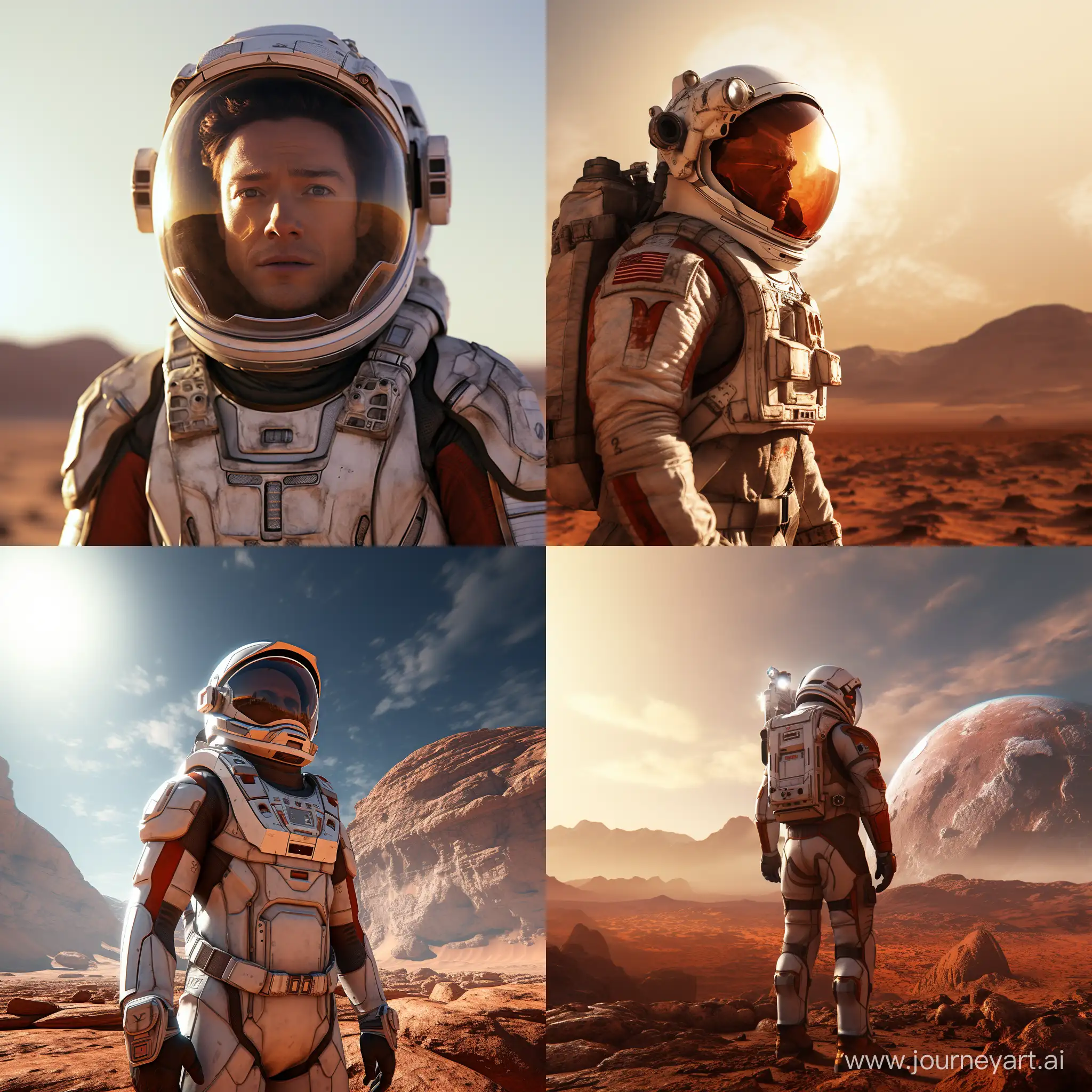 A man standing on the ground of Mars, wearing a white spacesuit, with a determined gaze, up close, 4K HD