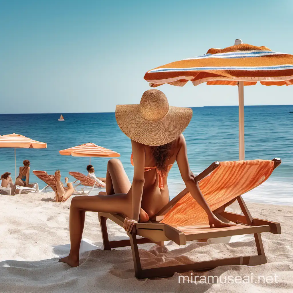 a sunny day, a sun lounger on the shore of the Mediterranean Sea, a standing table with a cocktail stands next to the sun lounger, children are playing nearby, on the sun lounger there is a bright towel on which a tanned woman in a swimsuit lies, her face is covered with a wide beach hat, photos 