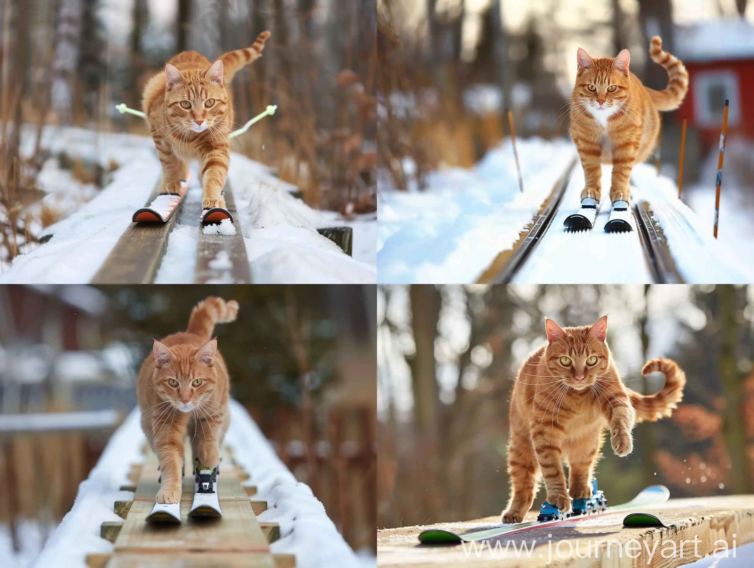 Рыжый кот соревнуется на лыжах по финешной прямой