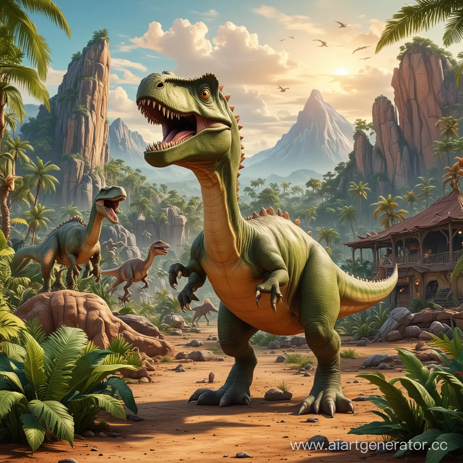 Cartoon-Dinosaur-in-Prehistoric-Jungle-Landscape