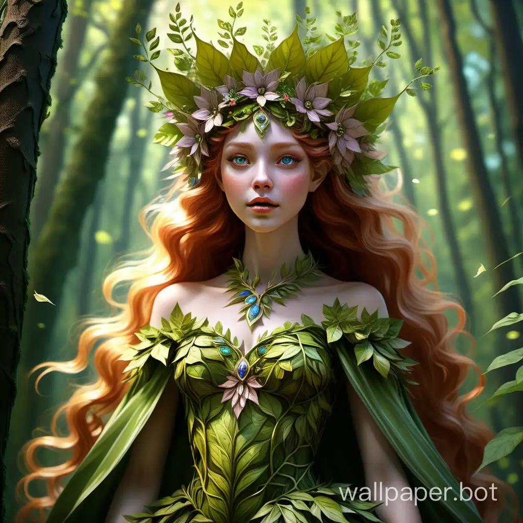 Imagine a tender, emotional forest princess, in full height, dressed in leaf flowers. Pure velvety skin. Stunning bright full-color images, canvas, oil, trends on ArtStation, sharp focus, studio photo, front view, intricate details, high level of detail