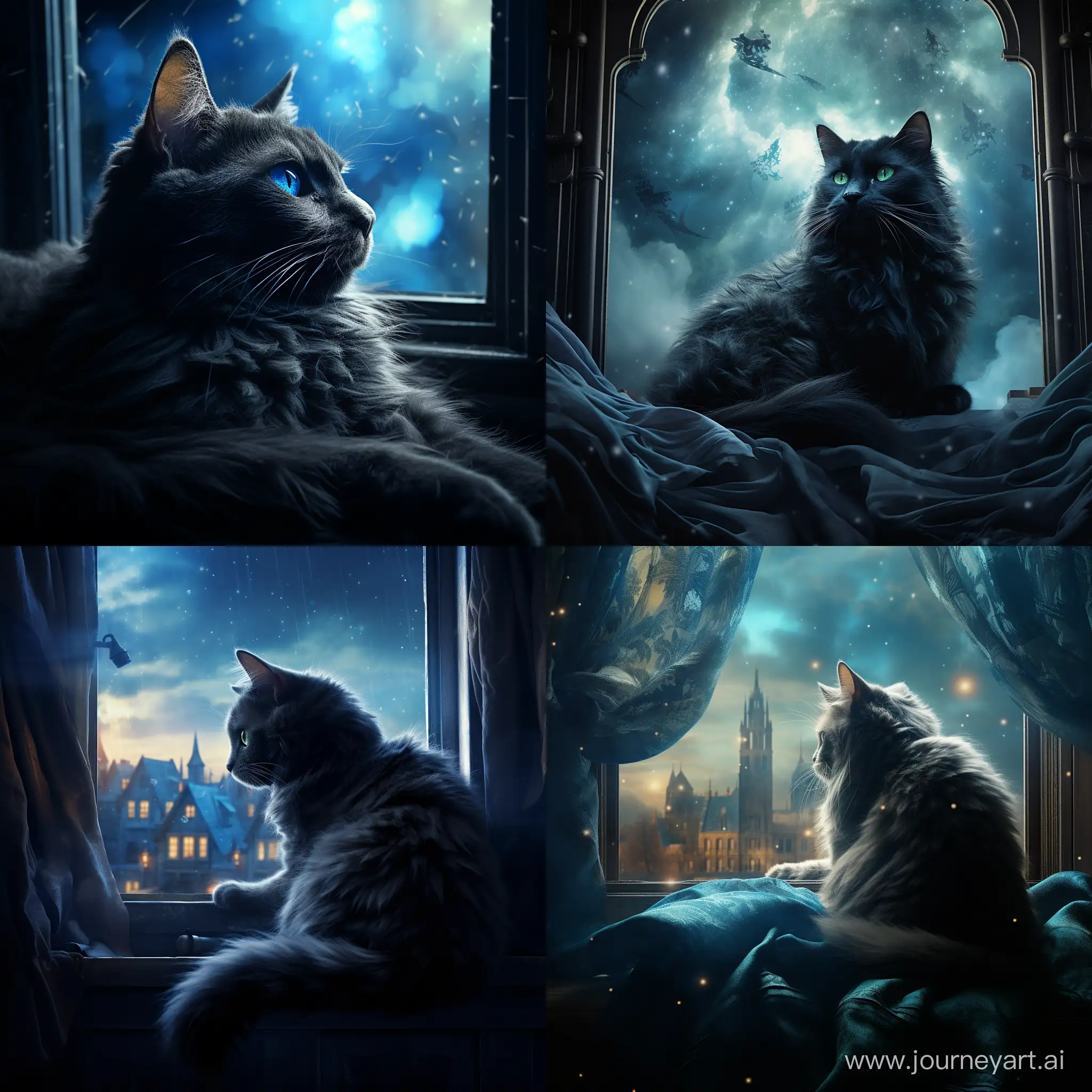 movie poster fantasy dramatic, ::1.1, голубая кошка с черными узорами лежит на фоне окна, свет проникает через окна отбрасывая блики на кошку