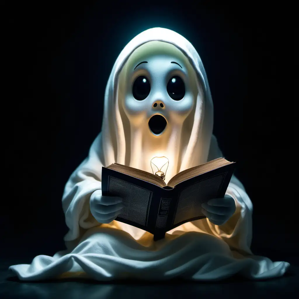 A ghost child is reading a book in the light of a bulb. This is to be shown to you in the form of a cartoon.