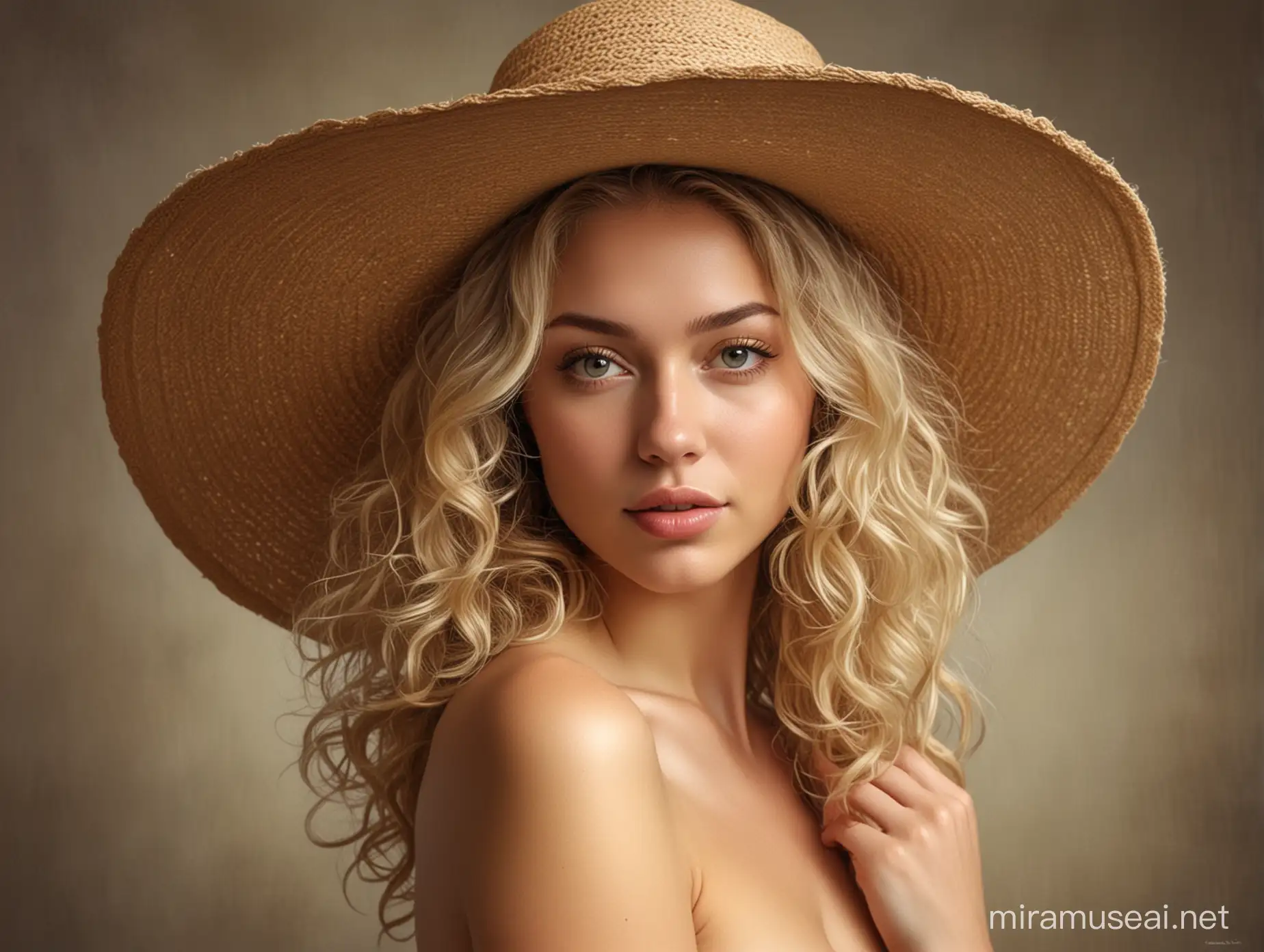 Curly Blonde Model in WideBrimmed Hat Seated for Artistic Portrait