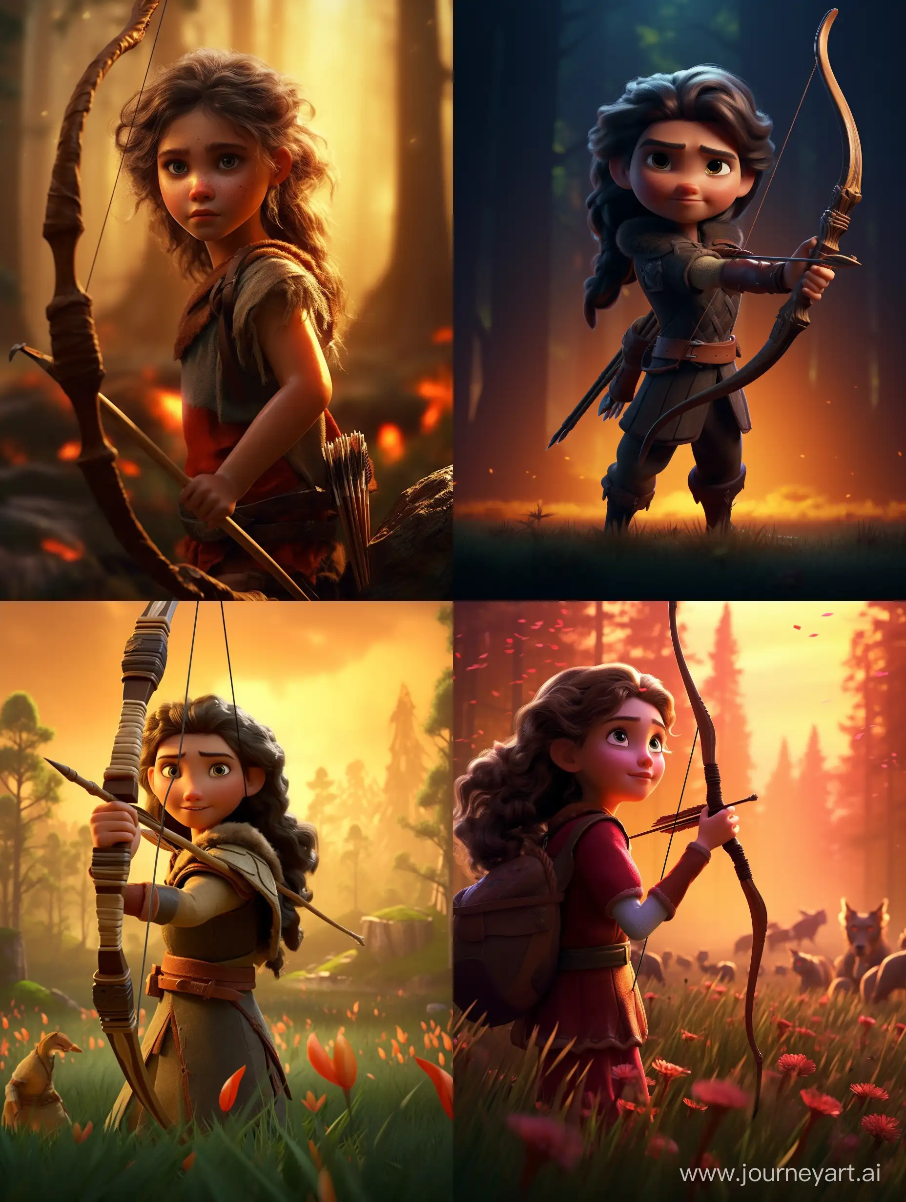Long ago, people hunted with bows and arrows. Pixar style
