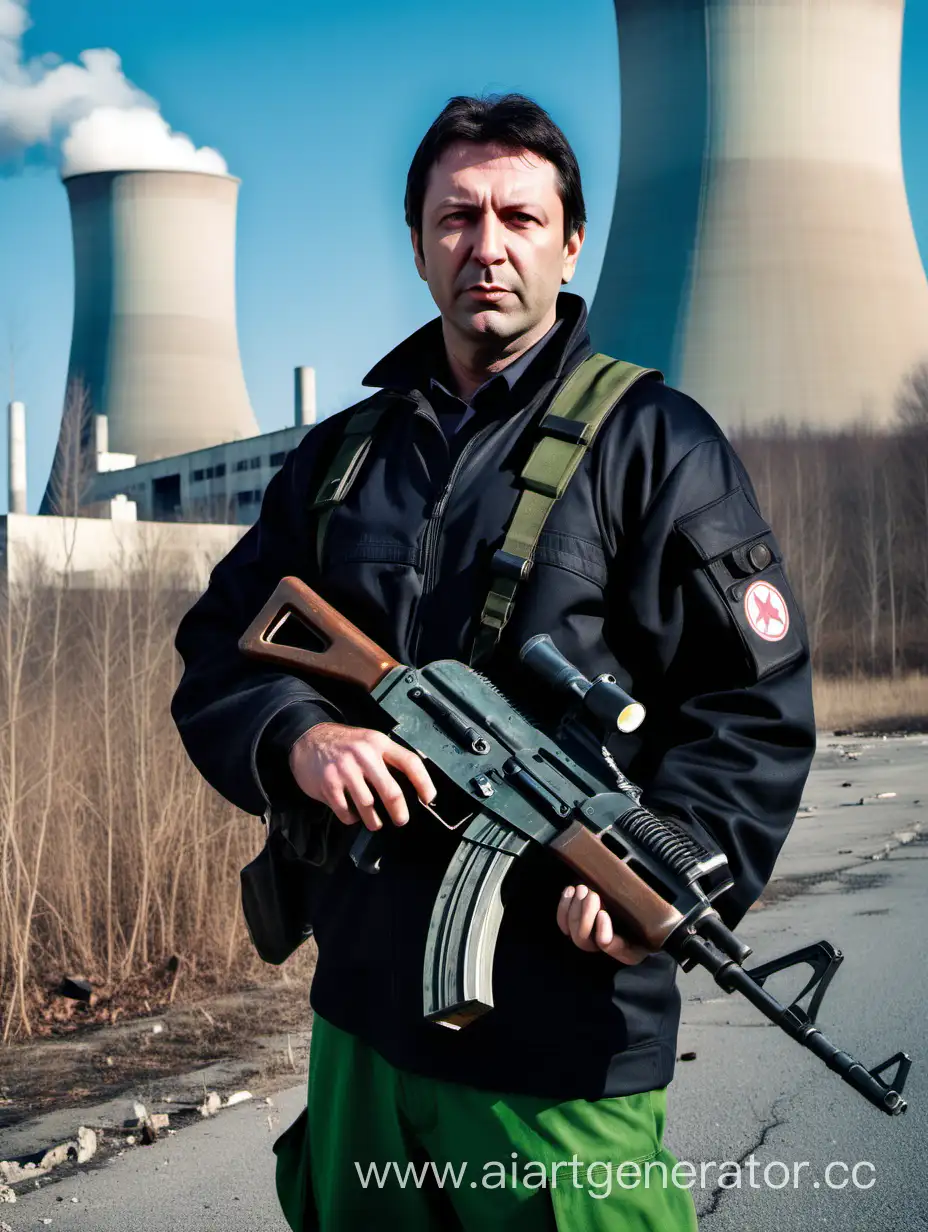  A 40-year-old man with dark brown hair and green eyes, dressed as a stalker, an AK-74 assault rifle and an abandoned nuclear power plant in the background.