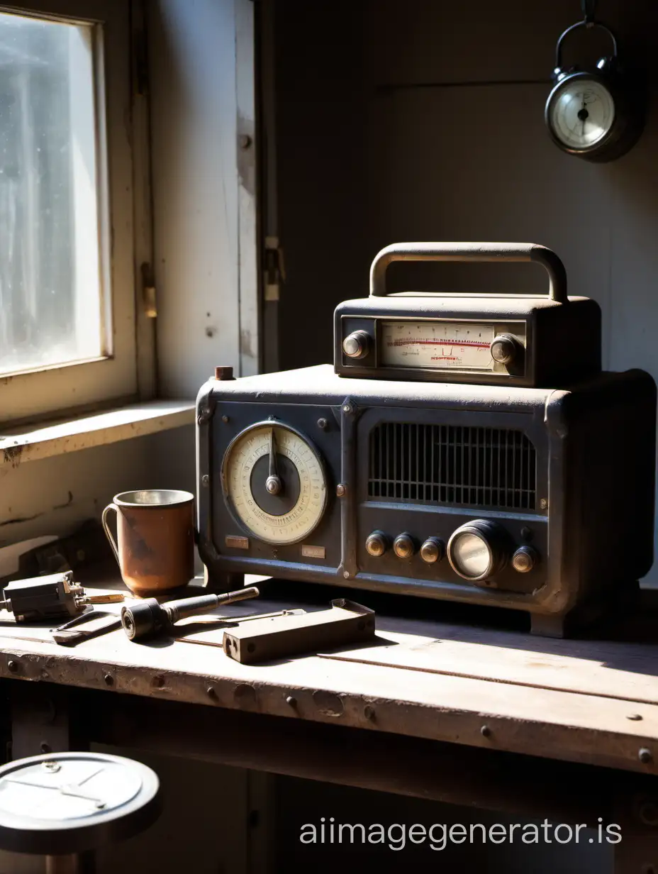 一个简单古老的矿石收音机及配件摆放在1943风格的工作台上，一朿阳光正好从窗外照进来并照在这些元件上，别忘了在元件旁摆放一杯咖啡