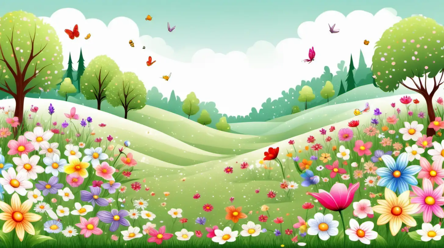fairytale,whimsical,
lots spring flowers vast field,clipart, white background