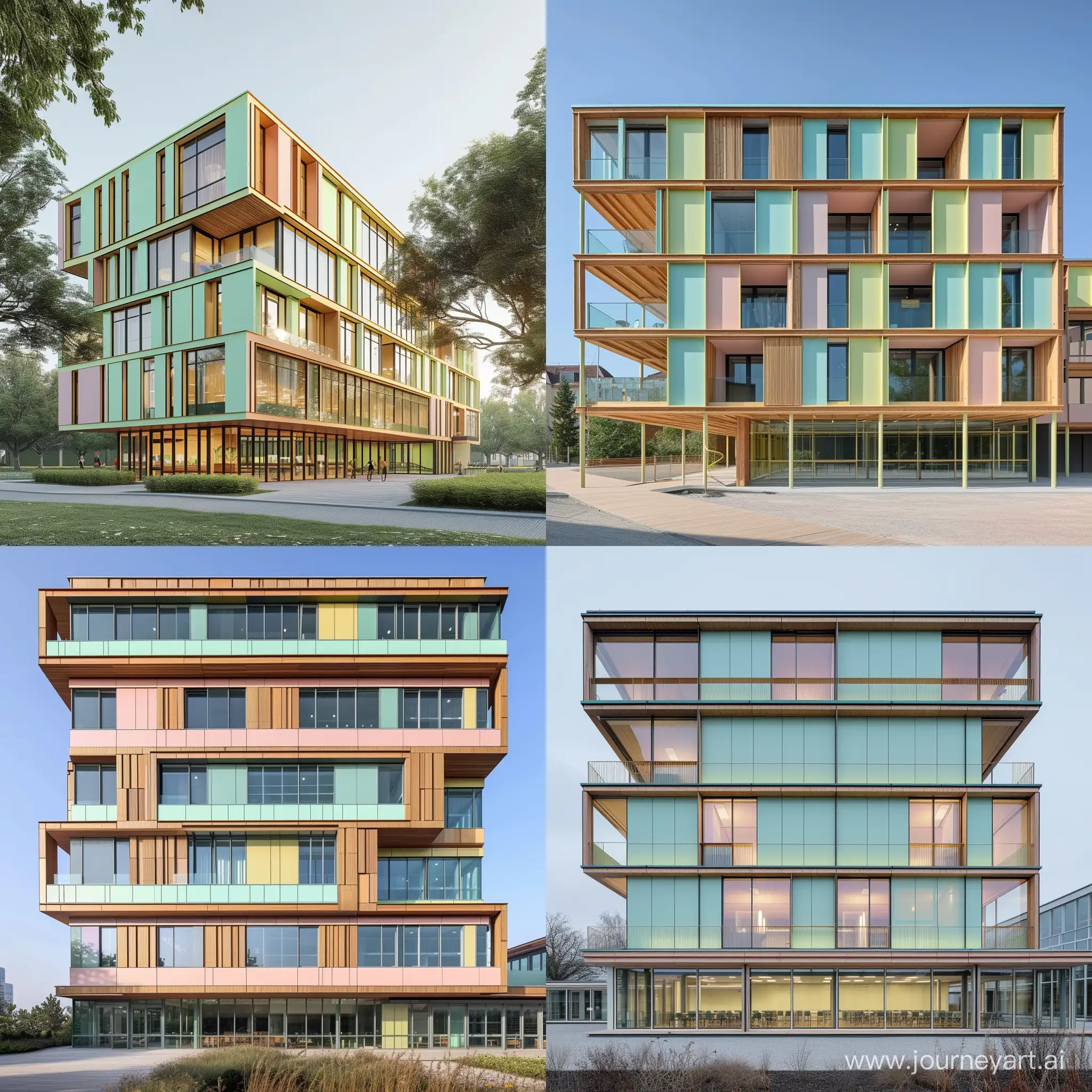 A university building consisting of 6 floors, a modern pastel building made of wood and glass, and follows the green architecture