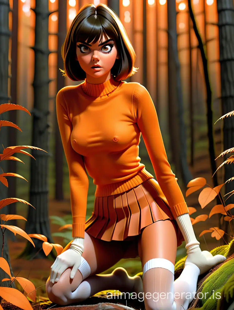 Naked kendal jenner as velma, massive breasts with erect nipples. Tight orange jumper , pleated orange skirt and long white socks. Squatting pose in the forest at dawn. Golden hour. Hyper-realistic textures, Hyper-realistic skin texture, Hyper-realistic eyes, ultra high detail.