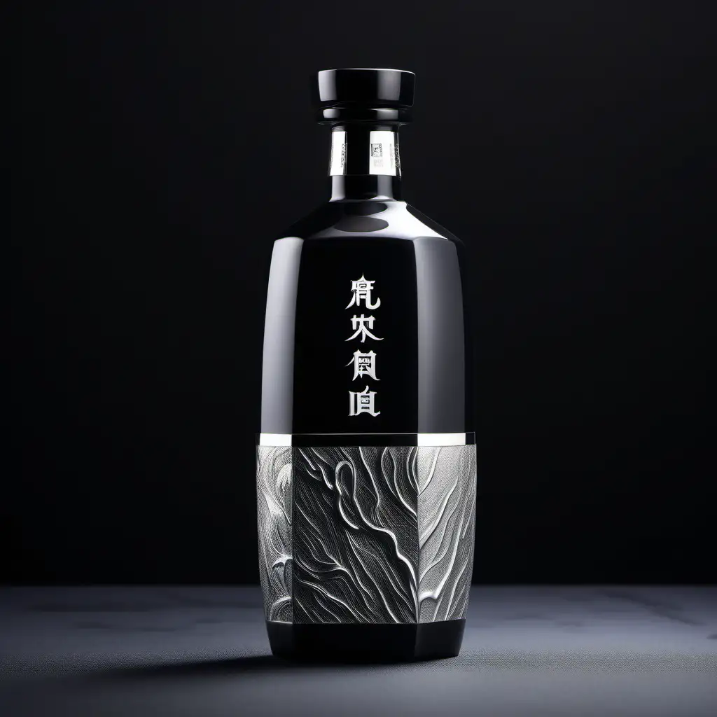 Modern Chinese health liquor packaging design, high end liquor, 500 ml ceramic bottle, photograph images, high details, silver and black minimalist texture, bold and strange bottle shape, brand name is 玖莼