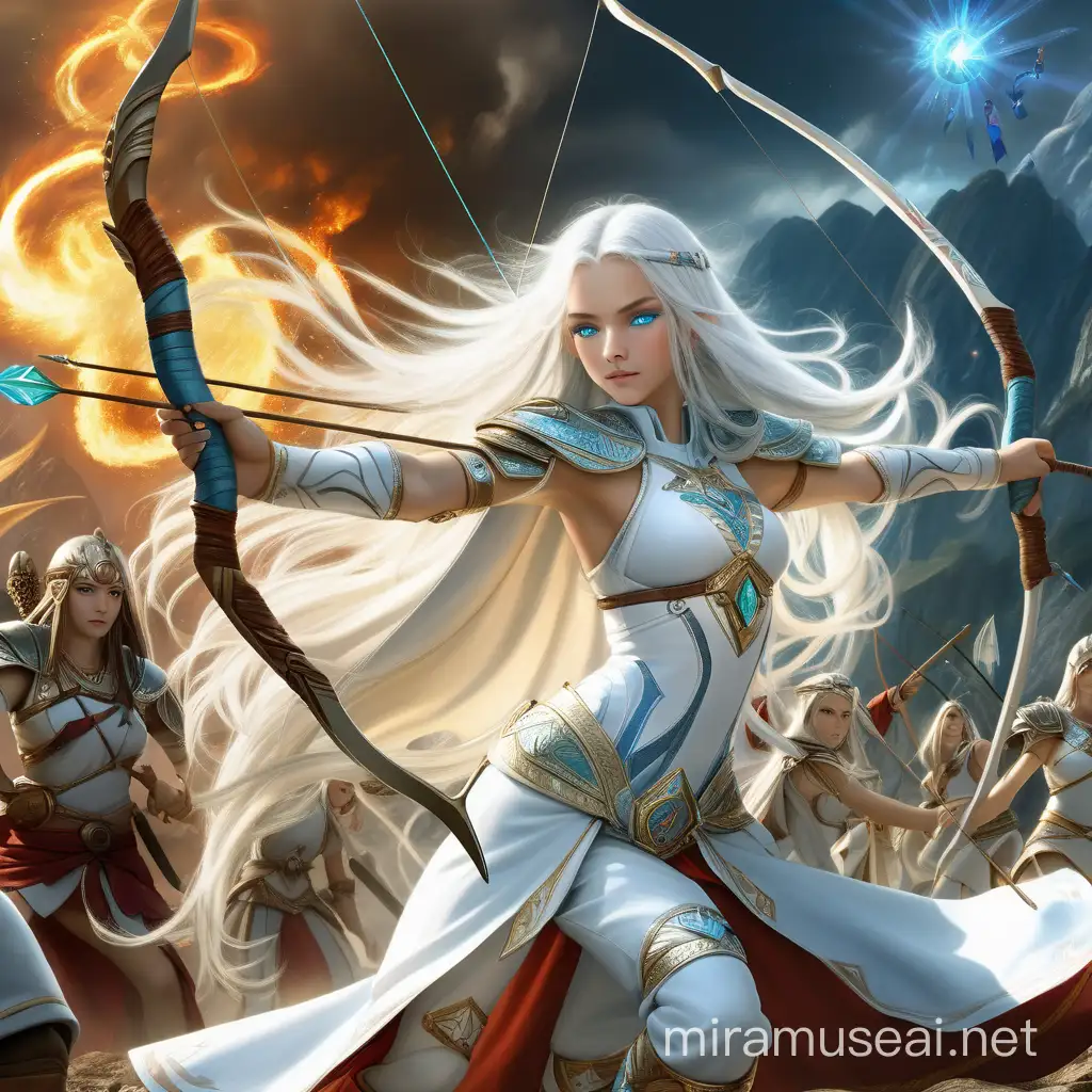 Powerful Goddesses in White Empress Costumes Engage in Cosmic Battle with Bow and Arrow