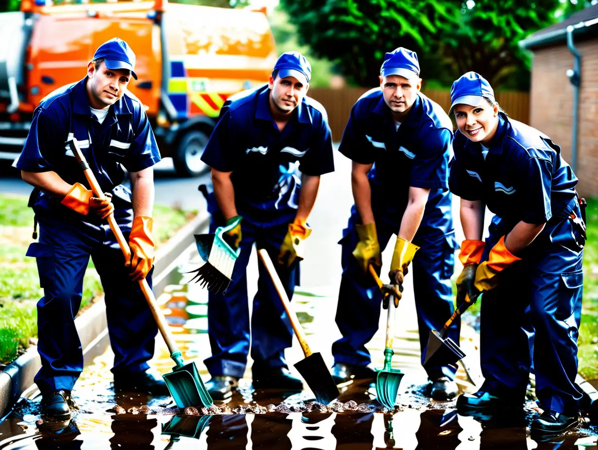I need realistic images for my business featuring Blocked Drains workers. The images should not show the workers' faces and should depict them holding tools in an with daylight. They need to be high-resolution and in either a 3:4 ratio or 4:3. Please ensure that the workers are wearing dark blue uniforms.