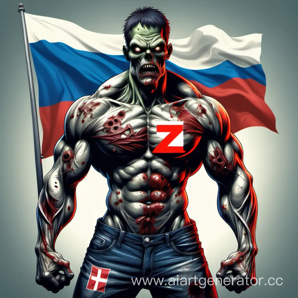 Нарисуй мощьно накачанного зомби с гигантскими мускулами на фоне флага России, в майке с принтом Z
