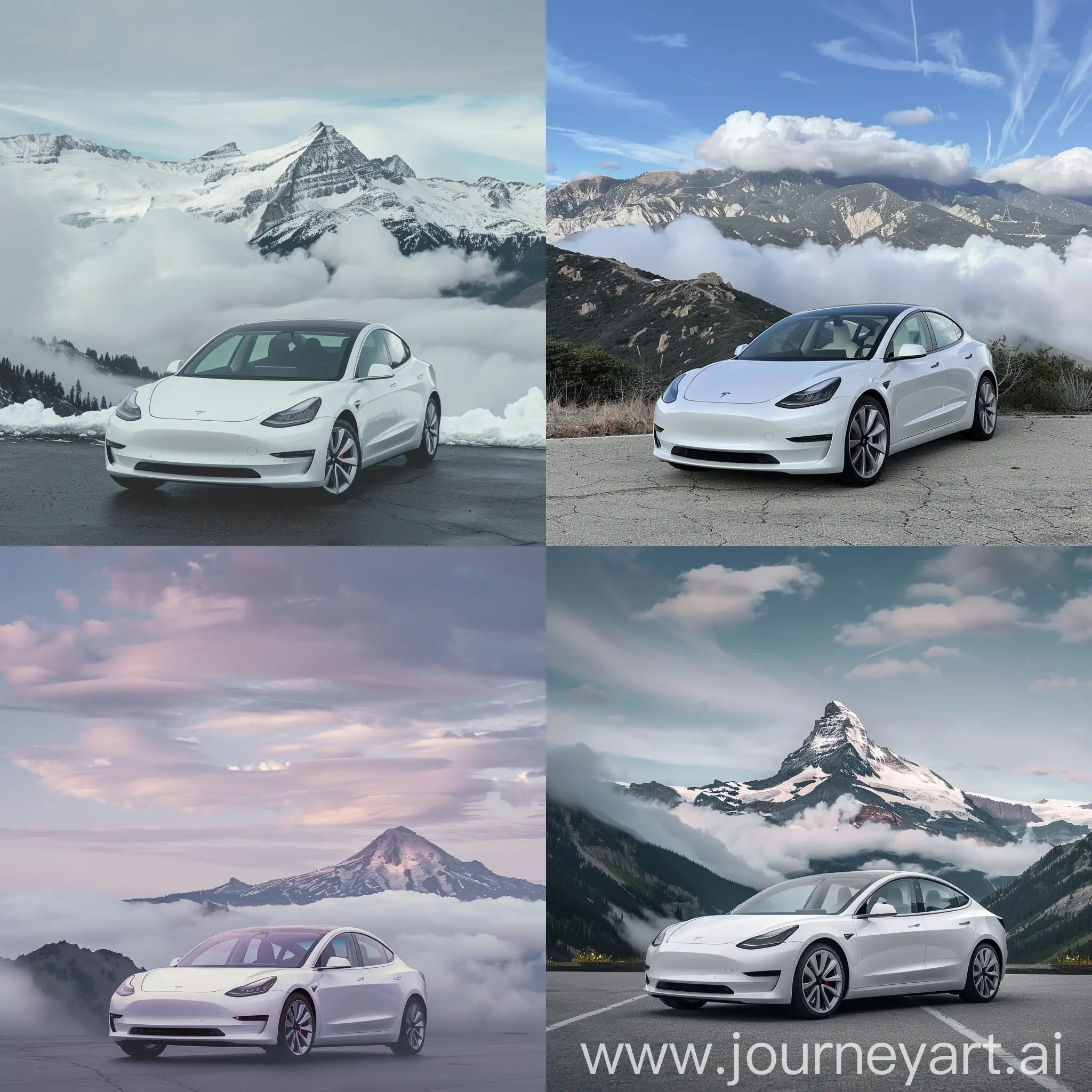 create a white 2023 tesla model 3 photo with moutain and clouds in the back