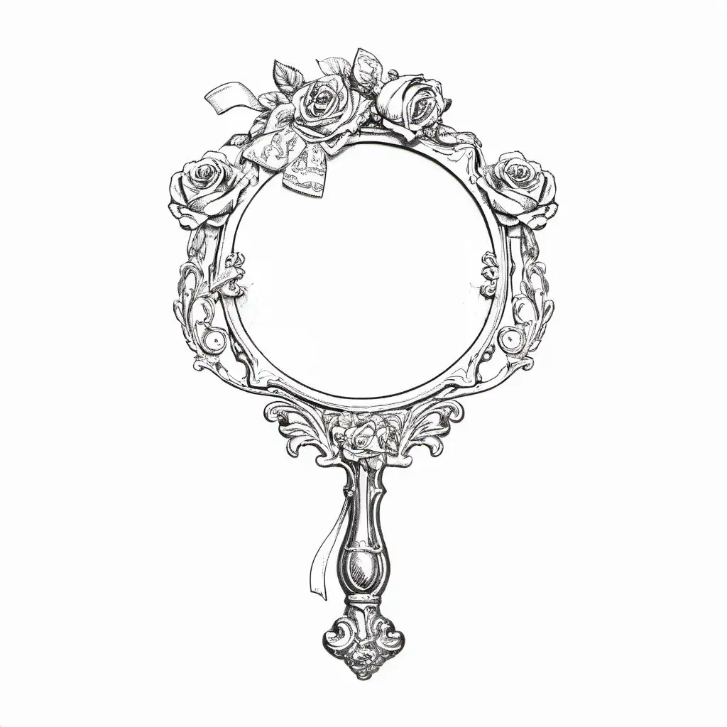 hand mirror, roses around frame,  ribbons, bows, pearls, drawing bold lines


