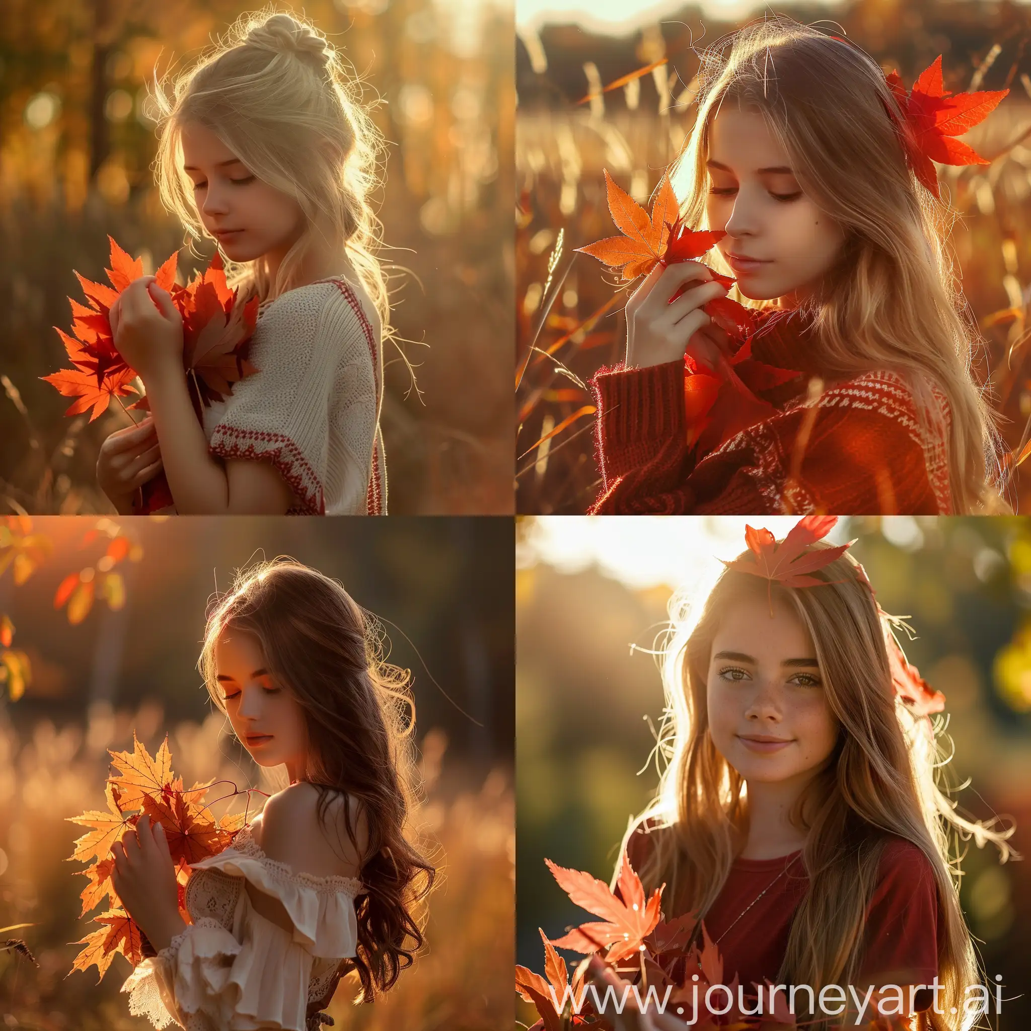 秋天，漂亮女孩拿着枫叶，午后的阳光照在头上